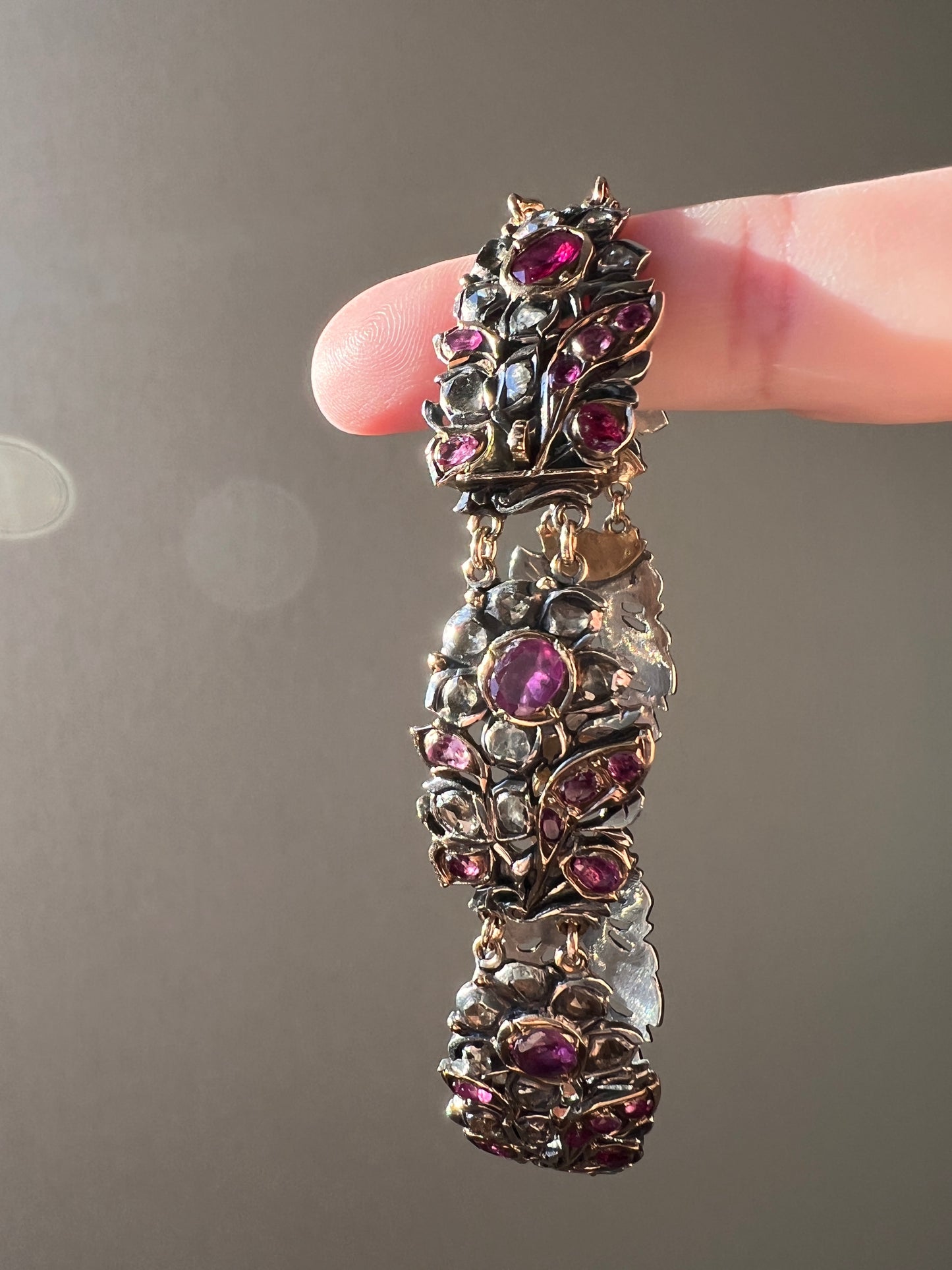 RARE Floral GIARDINETTI Antique Bracelet Flat Cut Ruby Pink Sapphire Rose Cut DIAMOND Figural Link Bracelet Georgian 14k Gold Silver