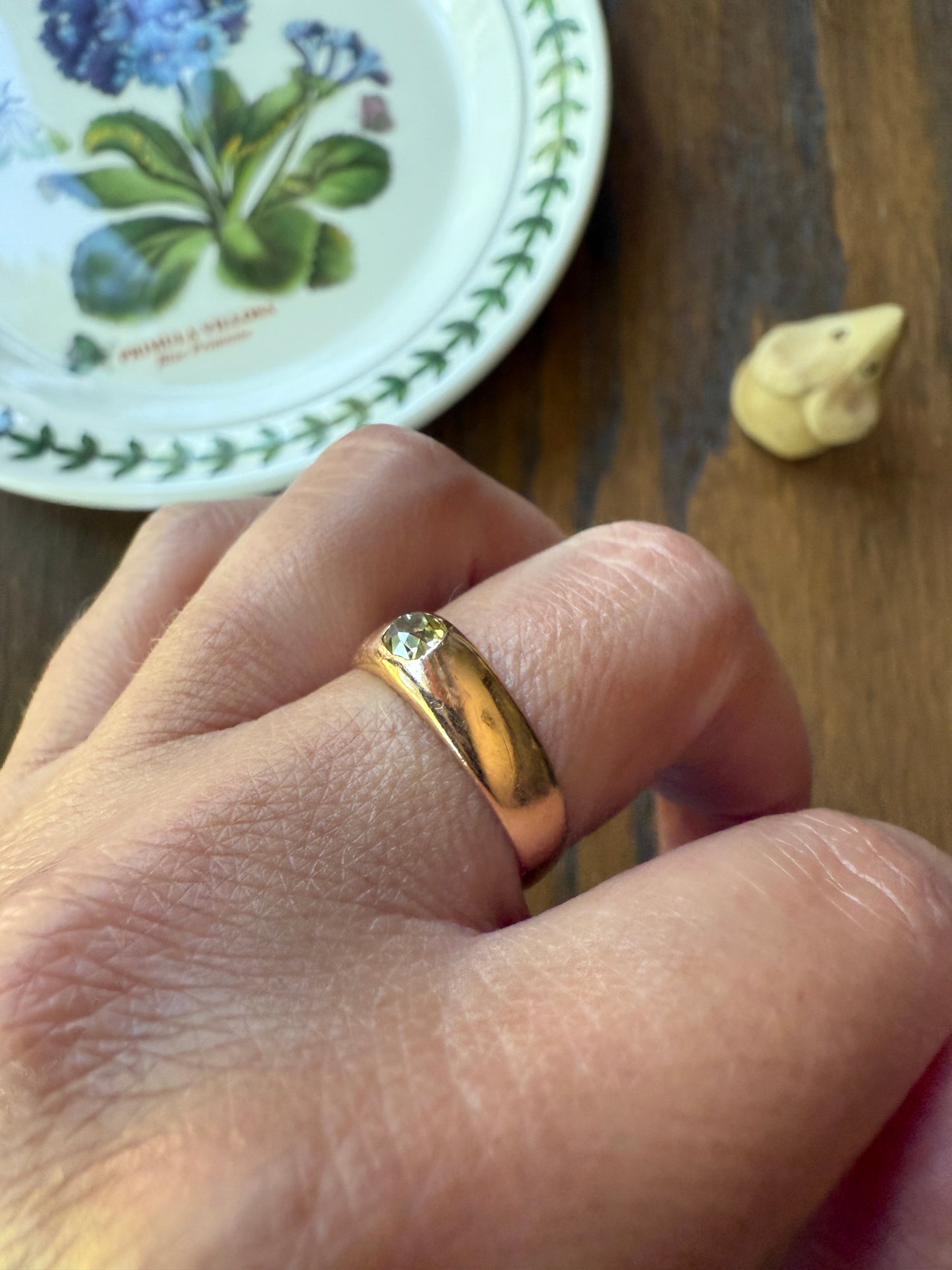Antique Eye Clean .3 Carat Fancy Light Greenish YELLOW Old Mine Cut DIAMOND Solitaire Gypsy Ring 18k Rosy Gold Chunky Band Gift Stacker Unisex OMC