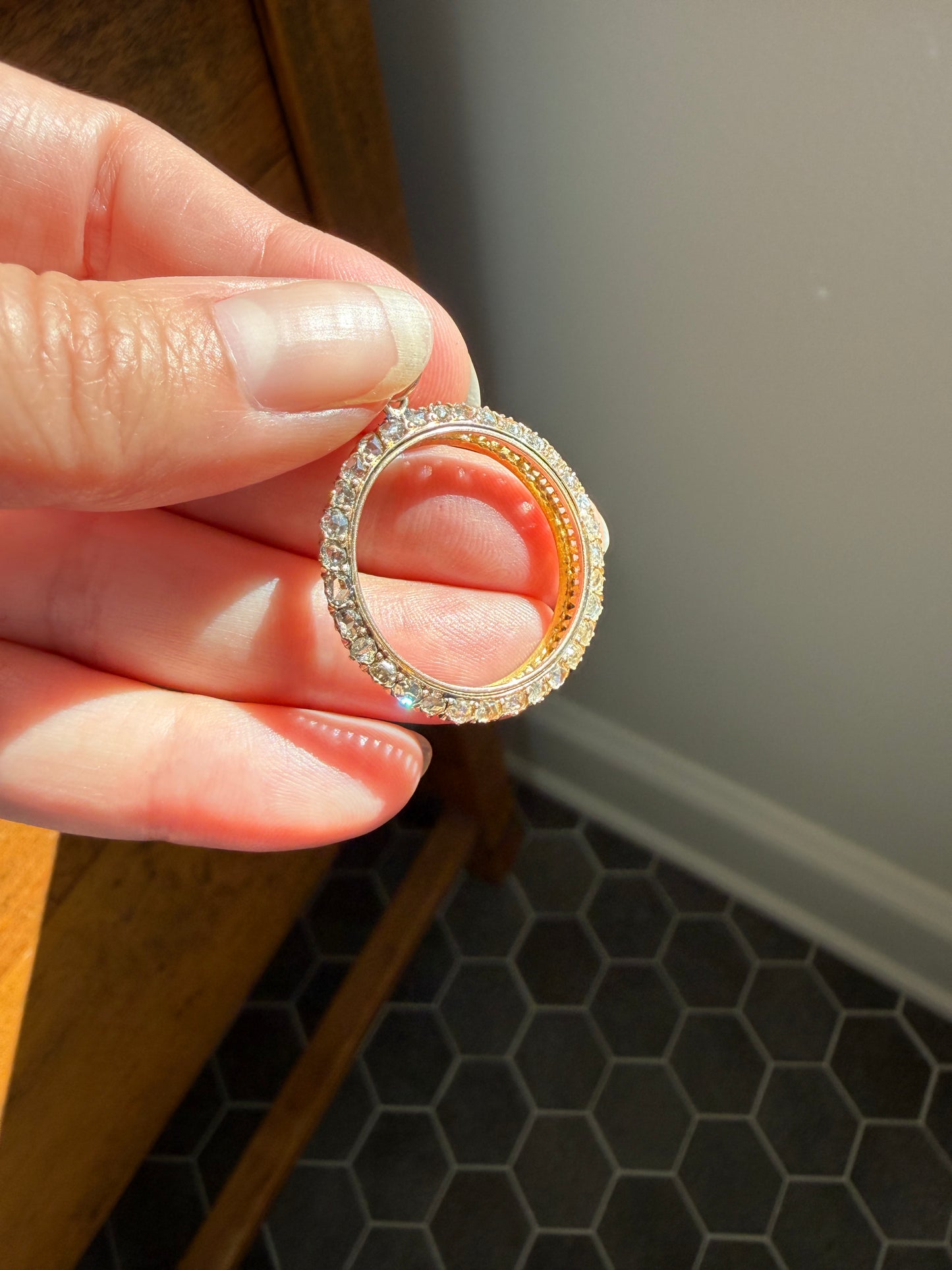 CIRCLE Pendant 32 Rose Cut DIAMOND Encrusted 18k Gold Antique VICTORIAN Figural Halo Frame Round Geometric Old Cut Gift