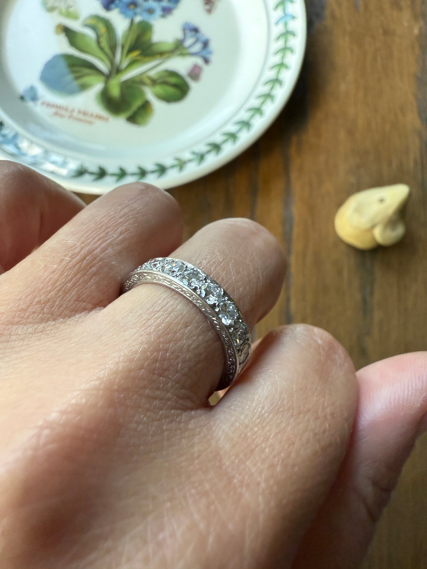 PLATINUM French Vintage 1.1 Carat DIAMOND Half Eternity Hoop Band 3.8mm Wide Engraved Eight Stone Ring Skinny Line Stacker Romantic Gift