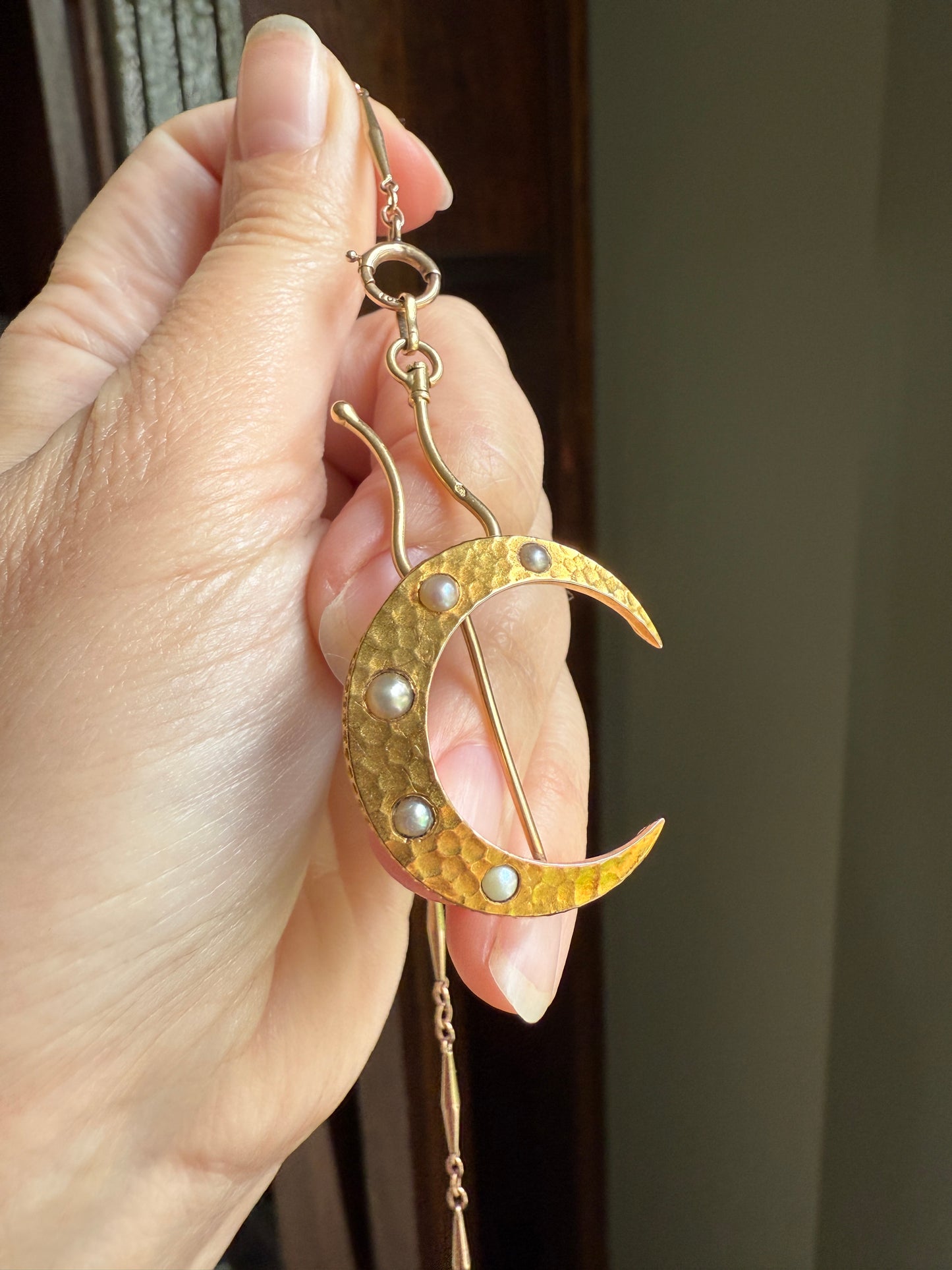MOON Hammered 18k GOLD Antique VICTORIAN Figural Brooch Extender Buttery Connector Pin or Pendant Conversion