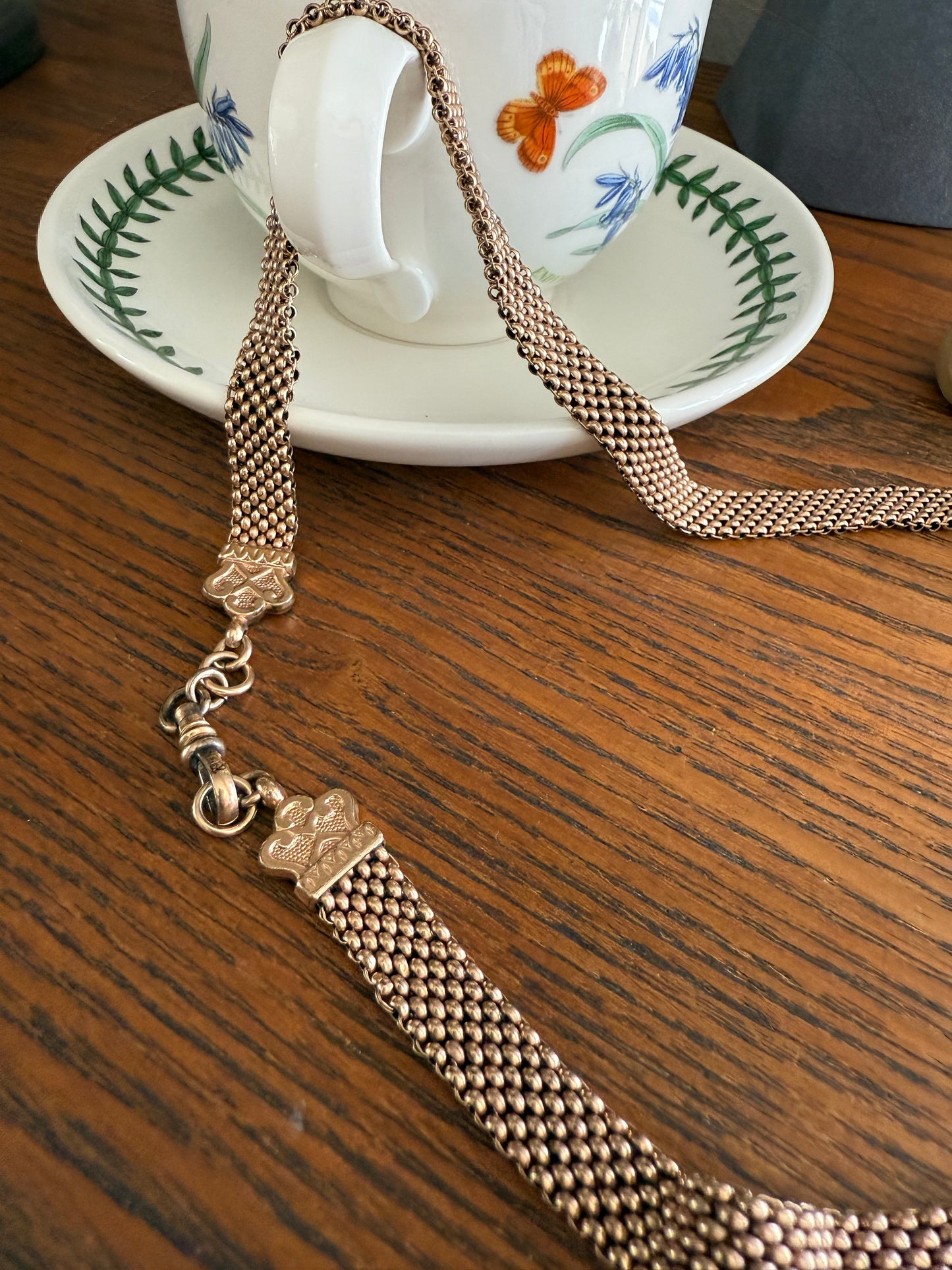 Antique Rosy Gold Filled Watch Book Chain Mesh Chainmail Wide Ornate Ends Dog Clip 21.5" 28.4g