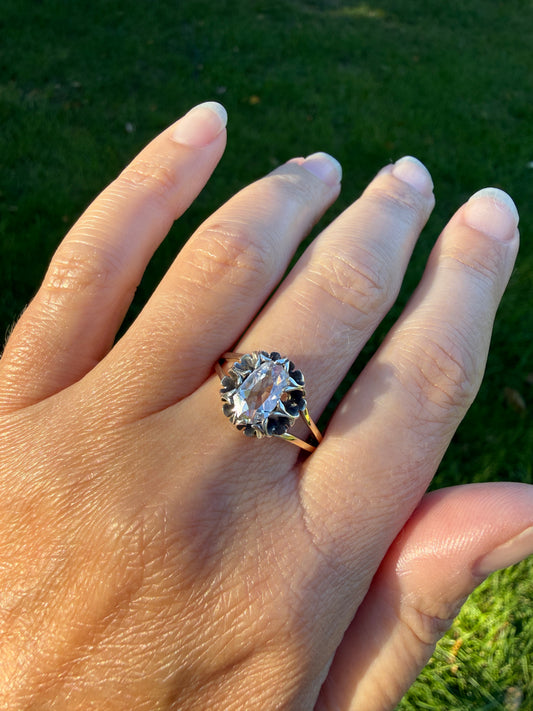 ANTIQUE Elongated Old Mine Cut Oval DIAMOND Silver Star Prong Basket Setting in 10k Gold Unique Buttercup Victorian .6 to 1.2 Ct.
