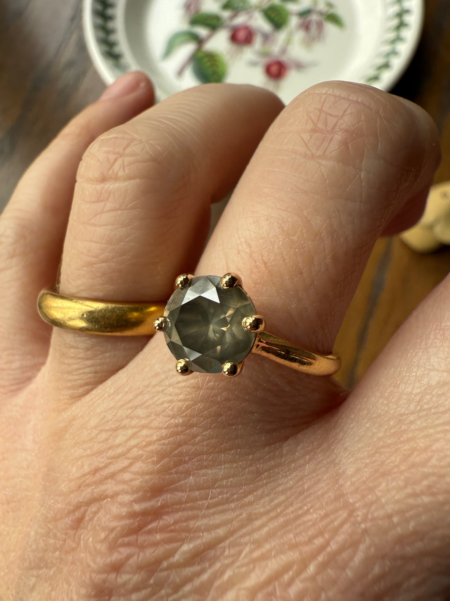 Fancy Intense Yellowish Gray Natural Diamond 2.4 Carat Solitaire Ring Smoky Inner Glow Aura French Vintage 18k Gold Unique Engagement Ooak
