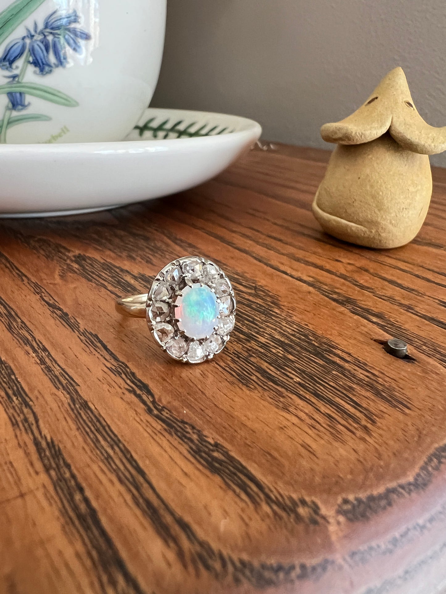 OPAL Rose Cut DIAMOND Halo Antique 18k Gold Ring Cluster Iridescent Blue Green Stacker