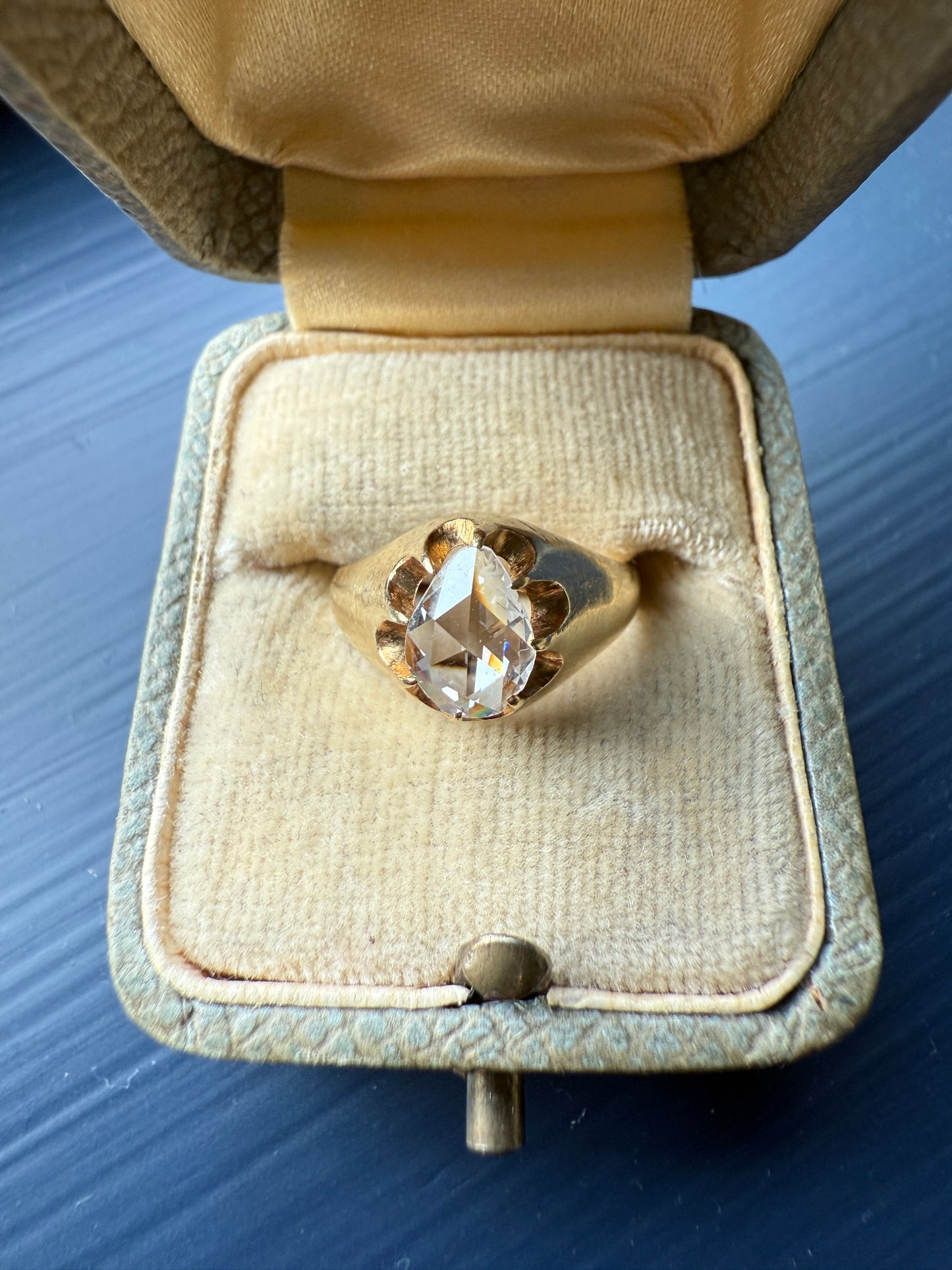 Special PEAR Open Back Rose Cut DIAMOND Original Antique Solitiare 18k Gold Buttercup Belcher Glowing Setting