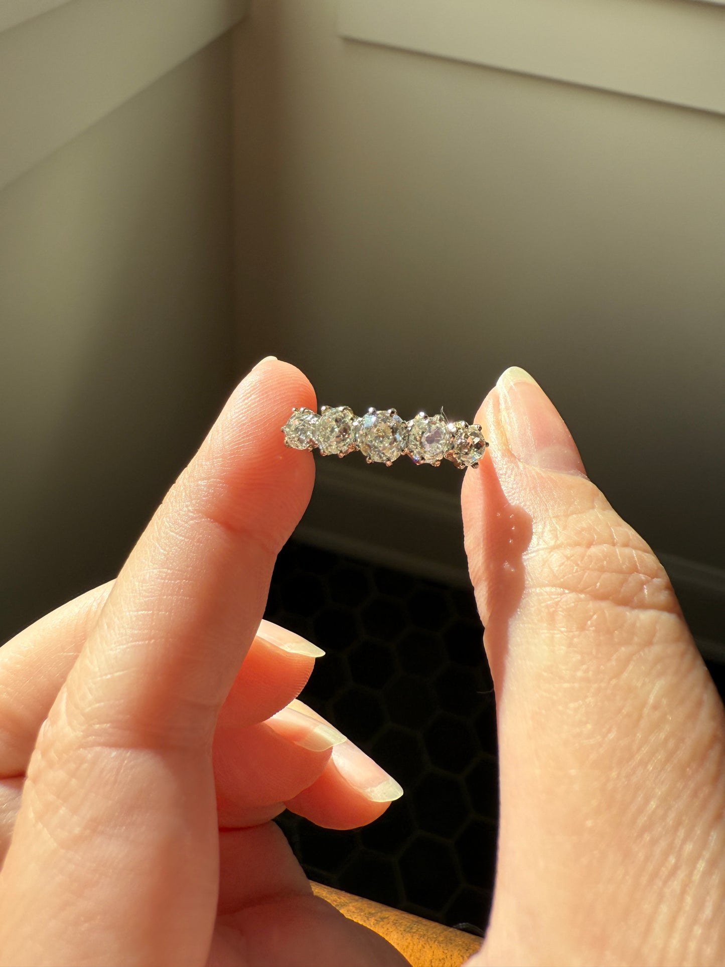 Five Stone Victorian Antique 1.75 CARAT Old Mine Cut DIAMOND Tall Stacker Ring 18k Gold Skinny Band Wedding Anniversary