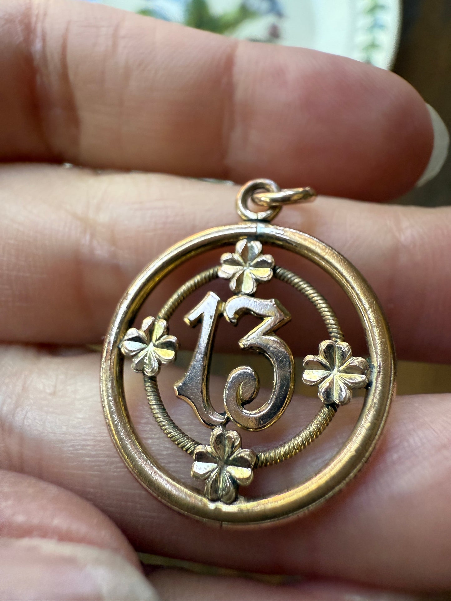 CLOVER Antique Lucky Number # 13 Pendant Tricolor Tricolor Gold Fill Halo Bullseye Belle Epoque Medal Thirteen Amulet Love Token Figural
