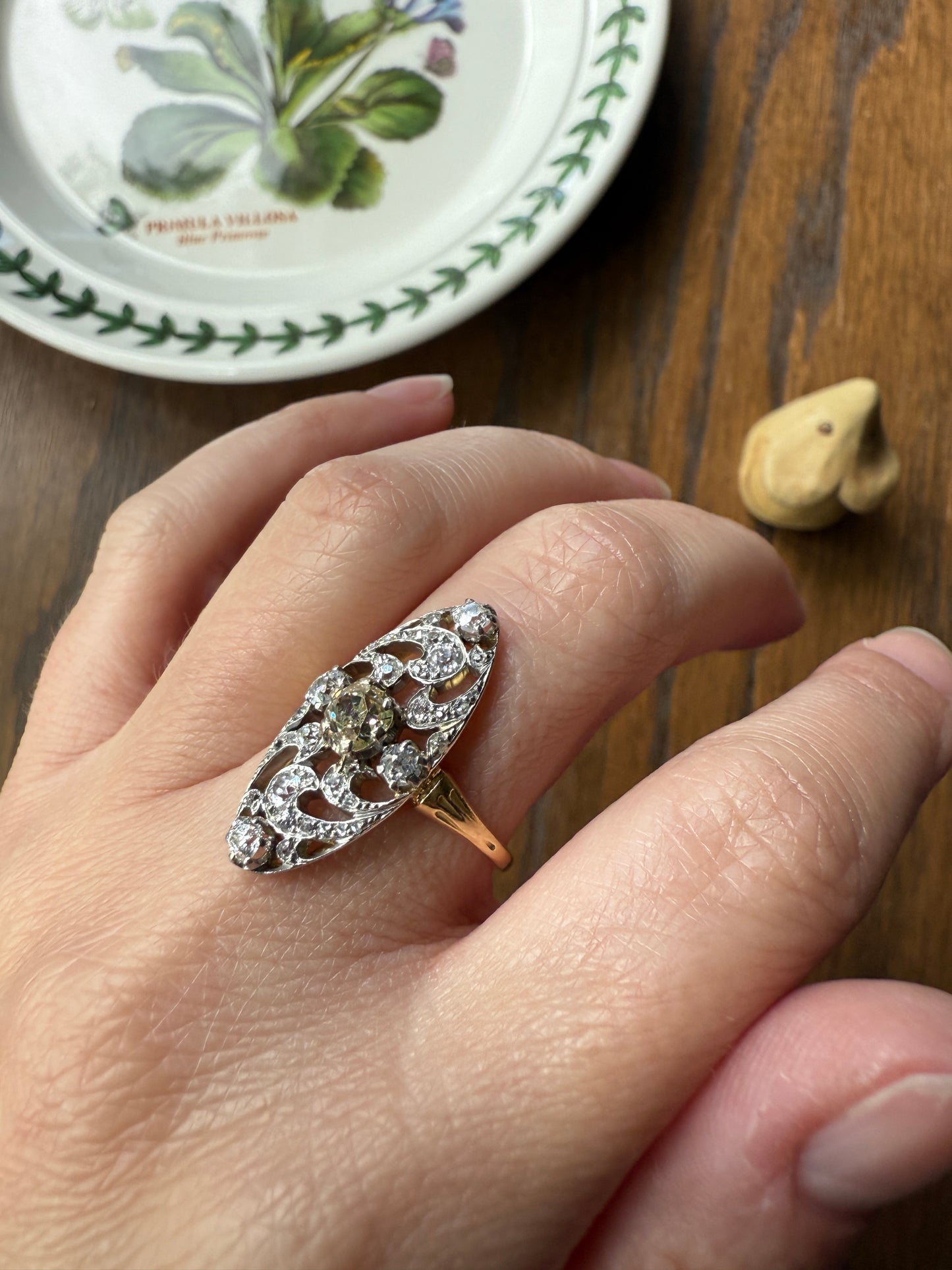 Ornate 1 Carat + French Belle Epoque Oval Old Mine Rose Cut Diamond Pale Light Yellow Center 18k Gold Platinum Scroll