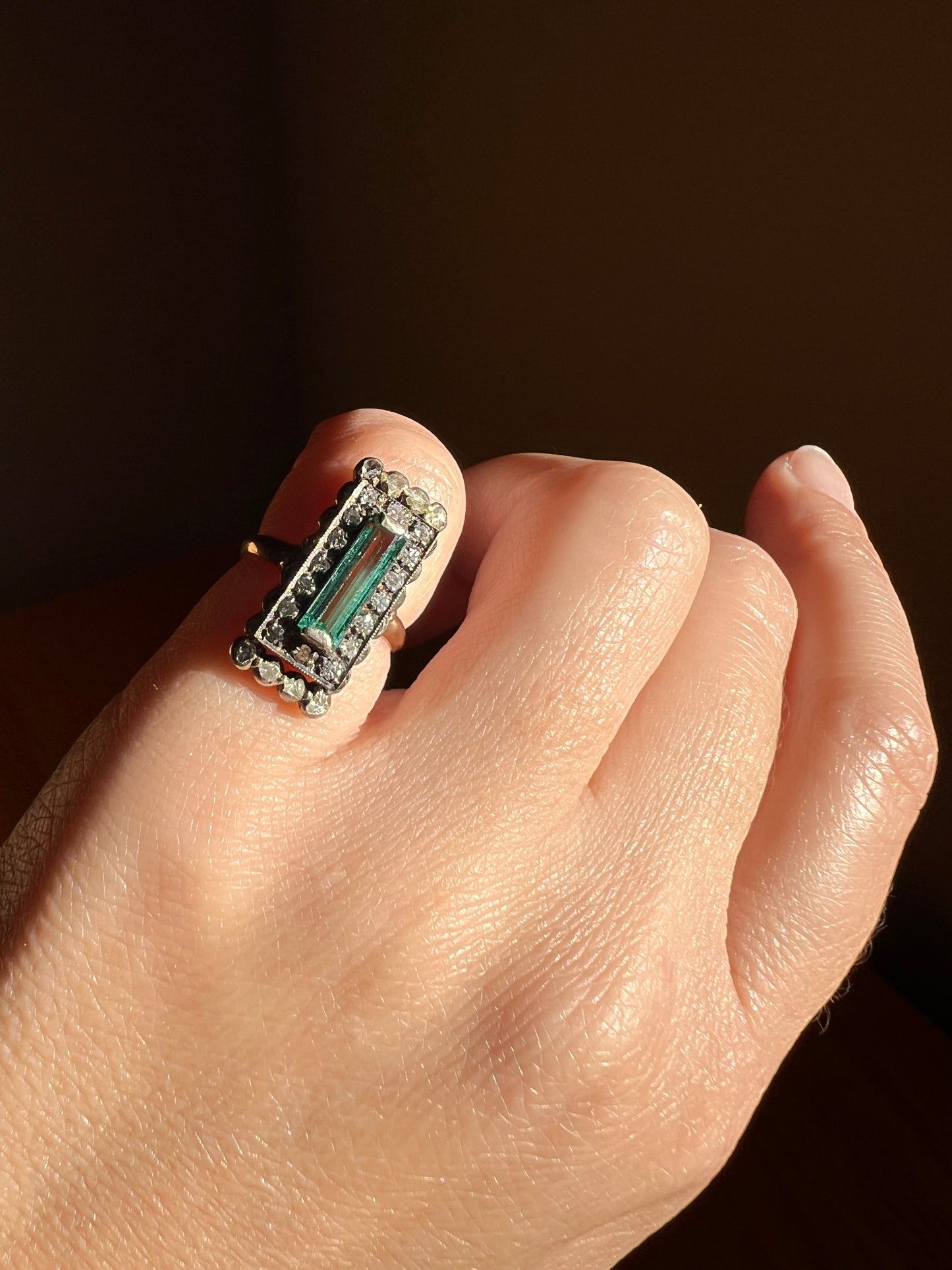 VICTORIAN Antique Emerald Cut Blue Green Tourmaline .5 Carat Rose & Single Cut Diamond Halo Panel Ring 14k Gold