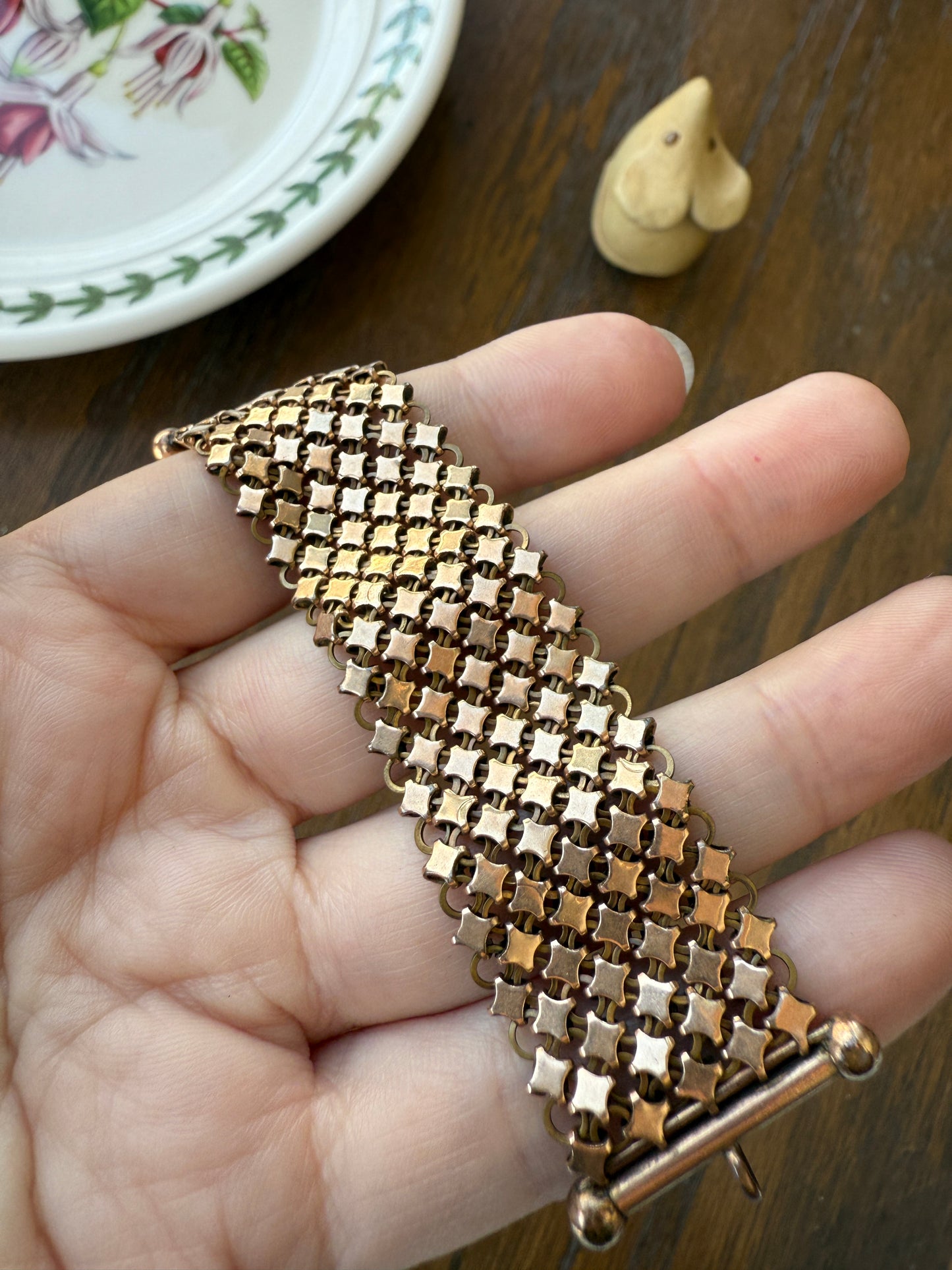 Antique Gold Filled Victorian Mesh Extender Connector Starburst Reversible Chain Mail 3.5x1" Strap 8.8g Watch Fob Barbell