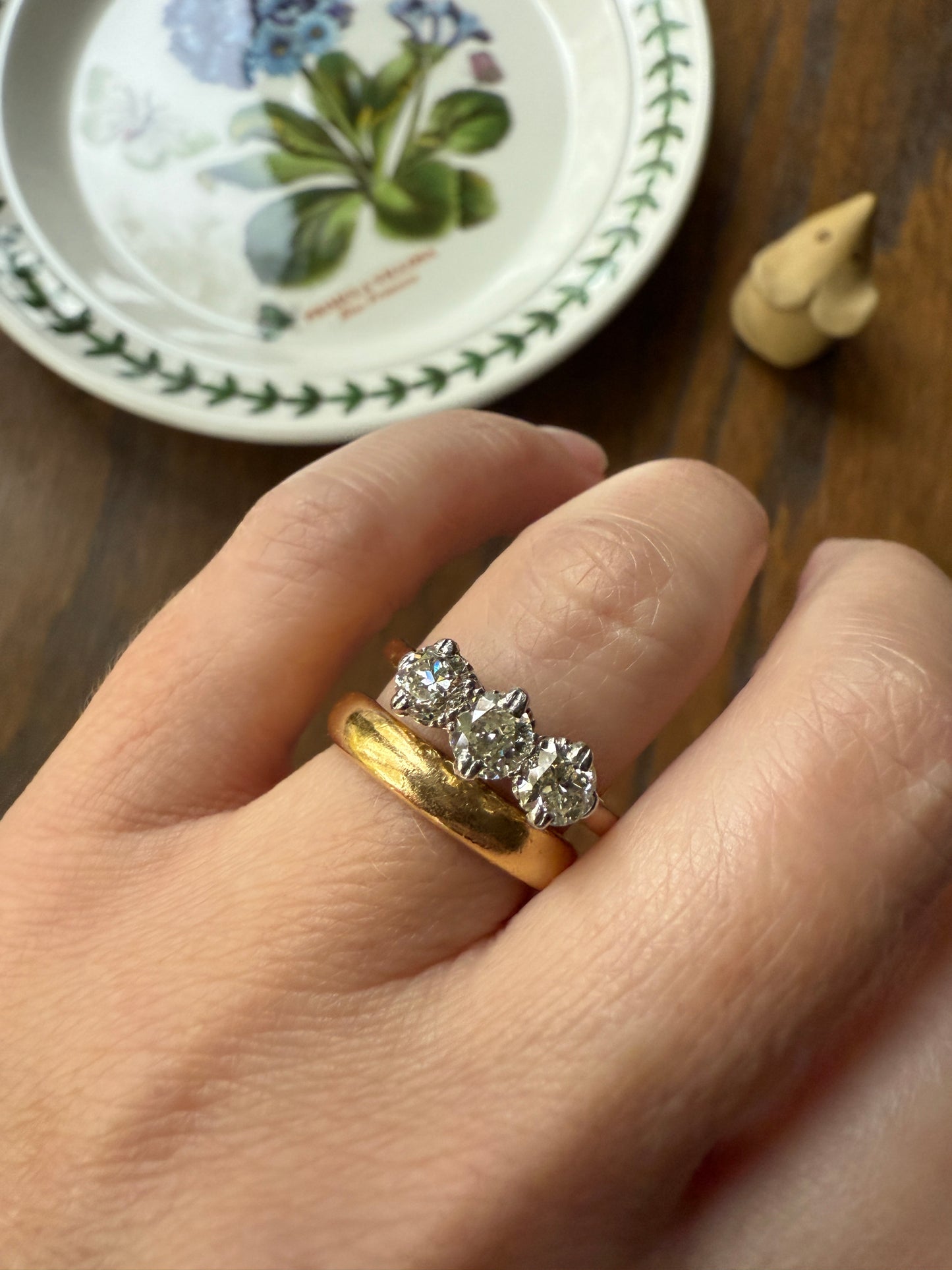 Antique One Carat Transitional Cut DIAMOND Three Stone Ring Prong Set Stacker Trilogy 18k Gold Platinum