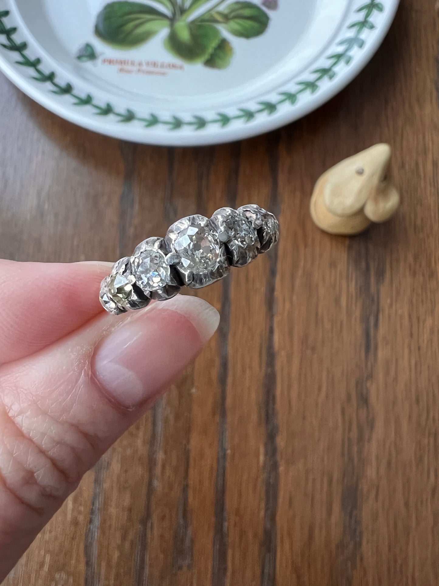 VICTORIAN French ANTIQUE 1.3 Carat Old Mine Cut DIAMOND Seven Stone Half Hoop 18k Gold Silver Collets Stacker Band Open Back