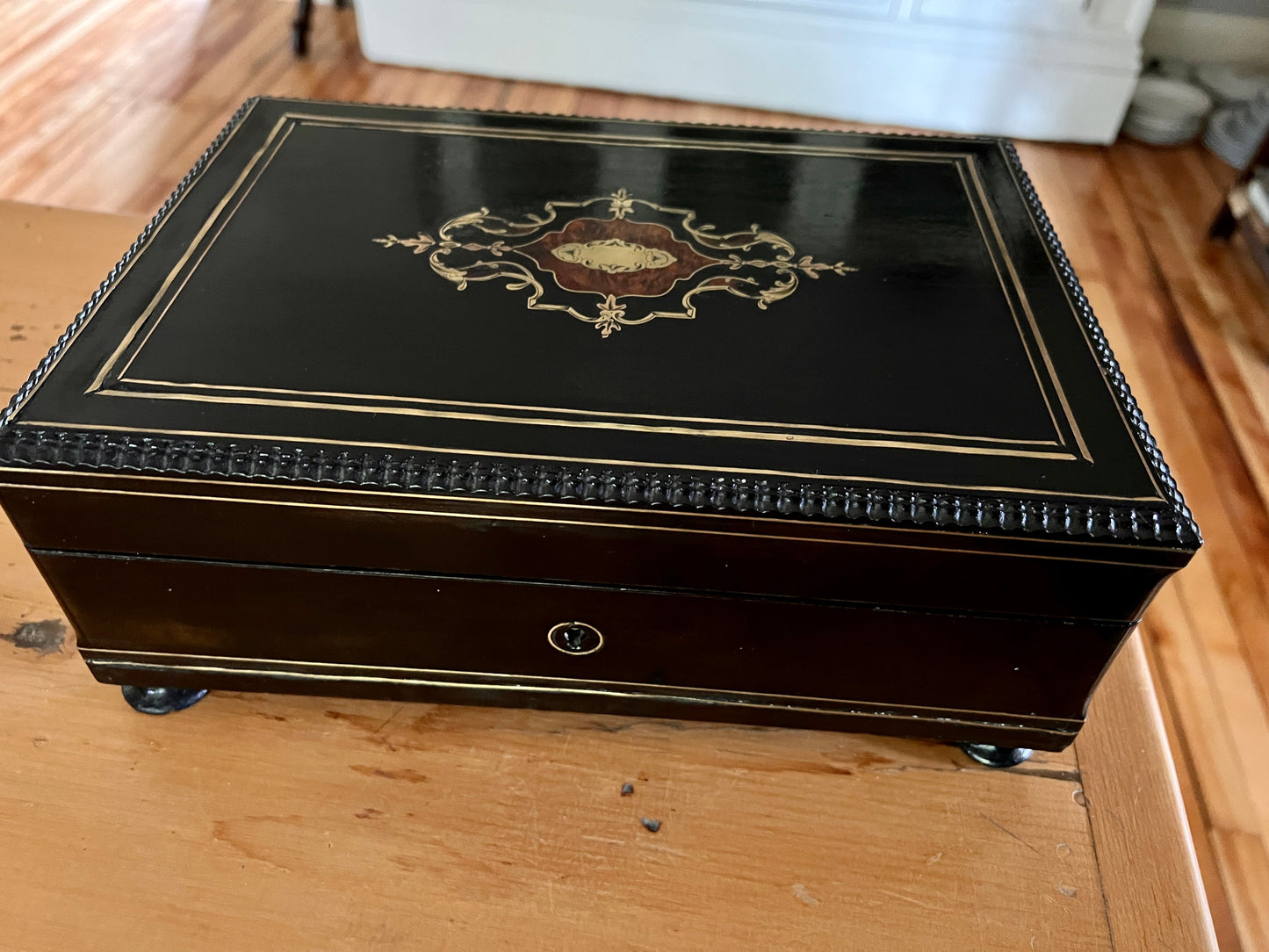 GORGEOUS French ORIGINAL Antique XL Wooden Jewelry Box Footed Inlay Brass Burl Salmon Pink Velvet Silk Interior Ring Holder