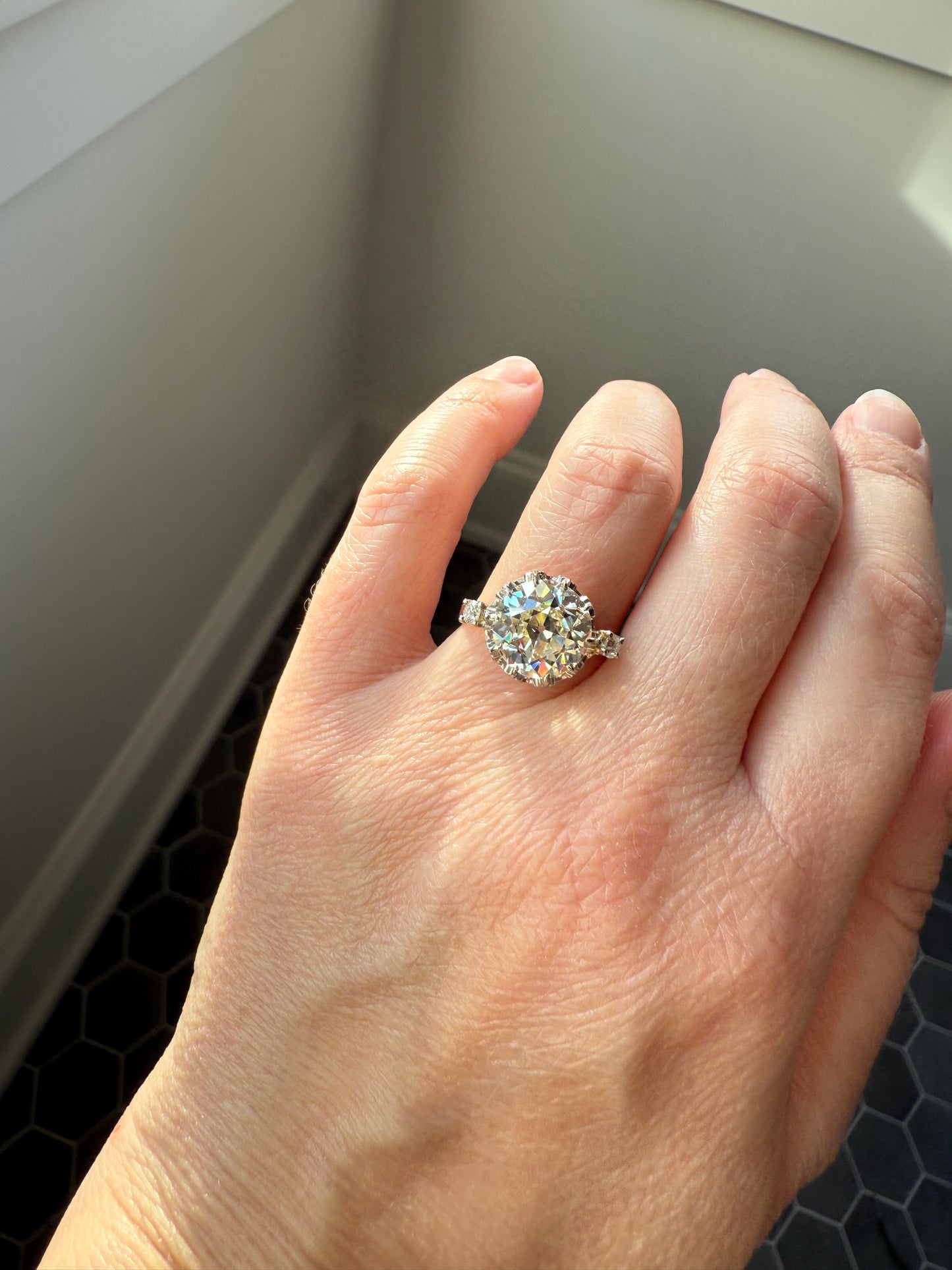 Special French Original Antique 4.07 CARAT Natural Old European Cut DIAMOND Eye Clean Solitaire Engagement Ring 18k Rosy Gold Platinum