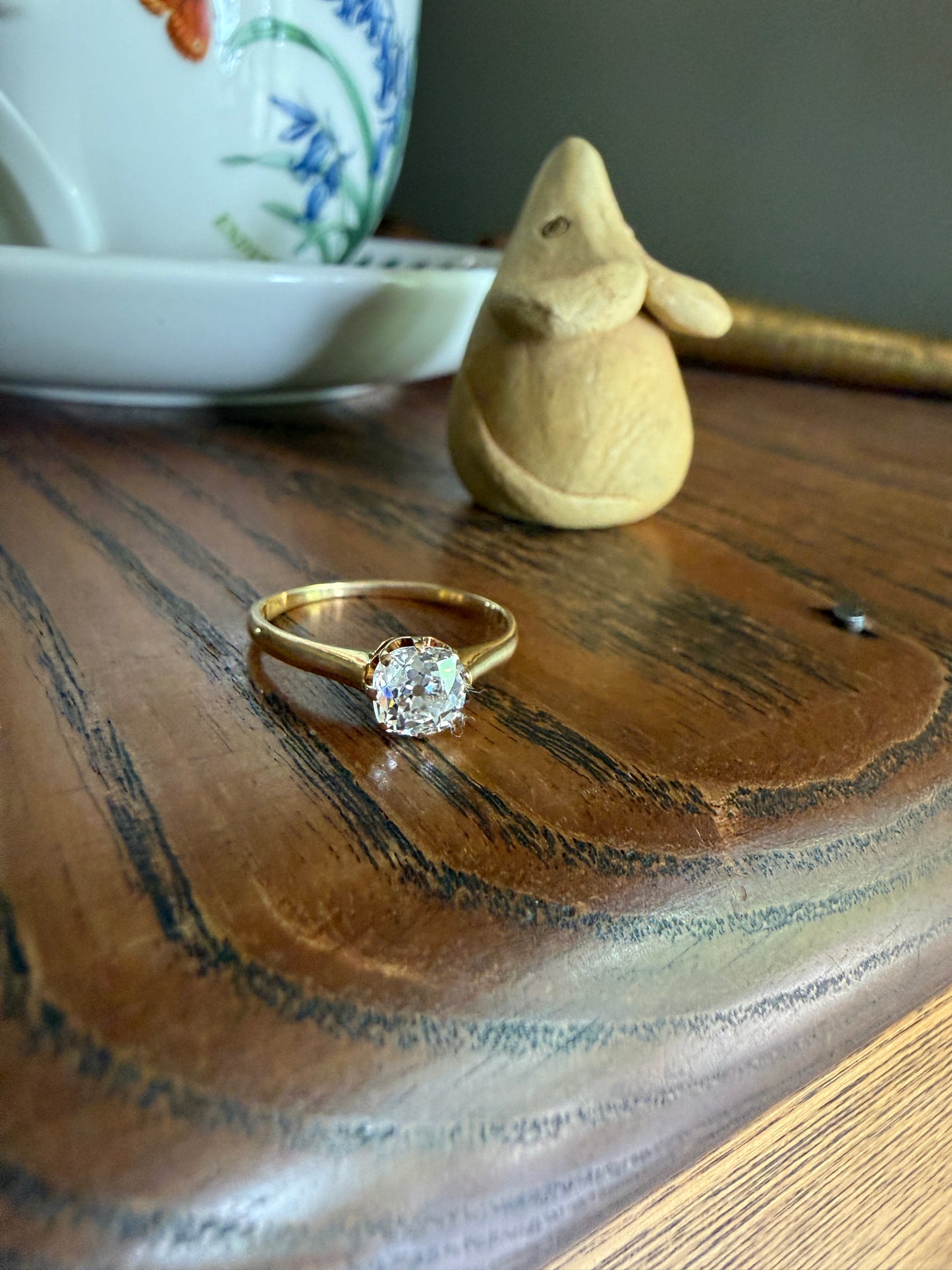 Antique c1916 Natural .78 Carat Old Mine Cut Diamond Solitaire 18k Gold Edwardian Engagement Ring Stacker