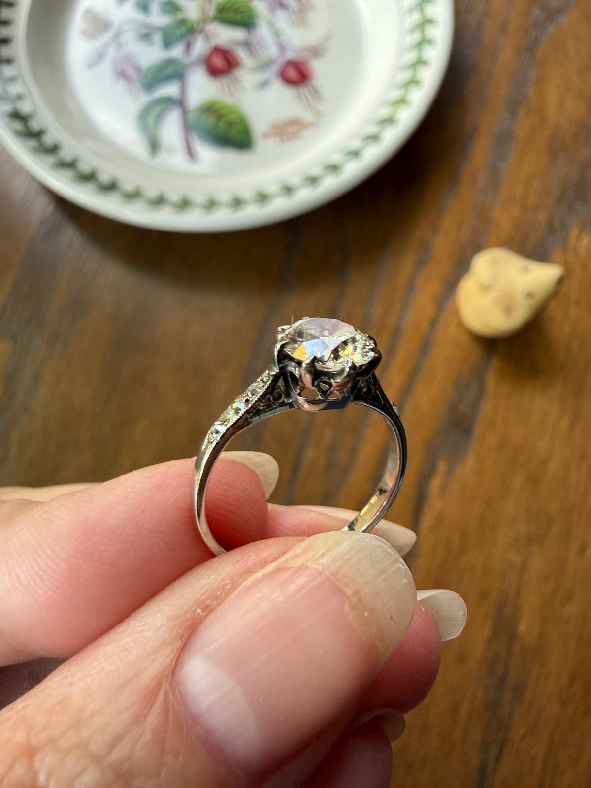 Antique Art Deco One Carat + Natural Old European Cut DIAMOND Solitaire Engagement Ring Old Mine Stacker 18k White Gold Wedding