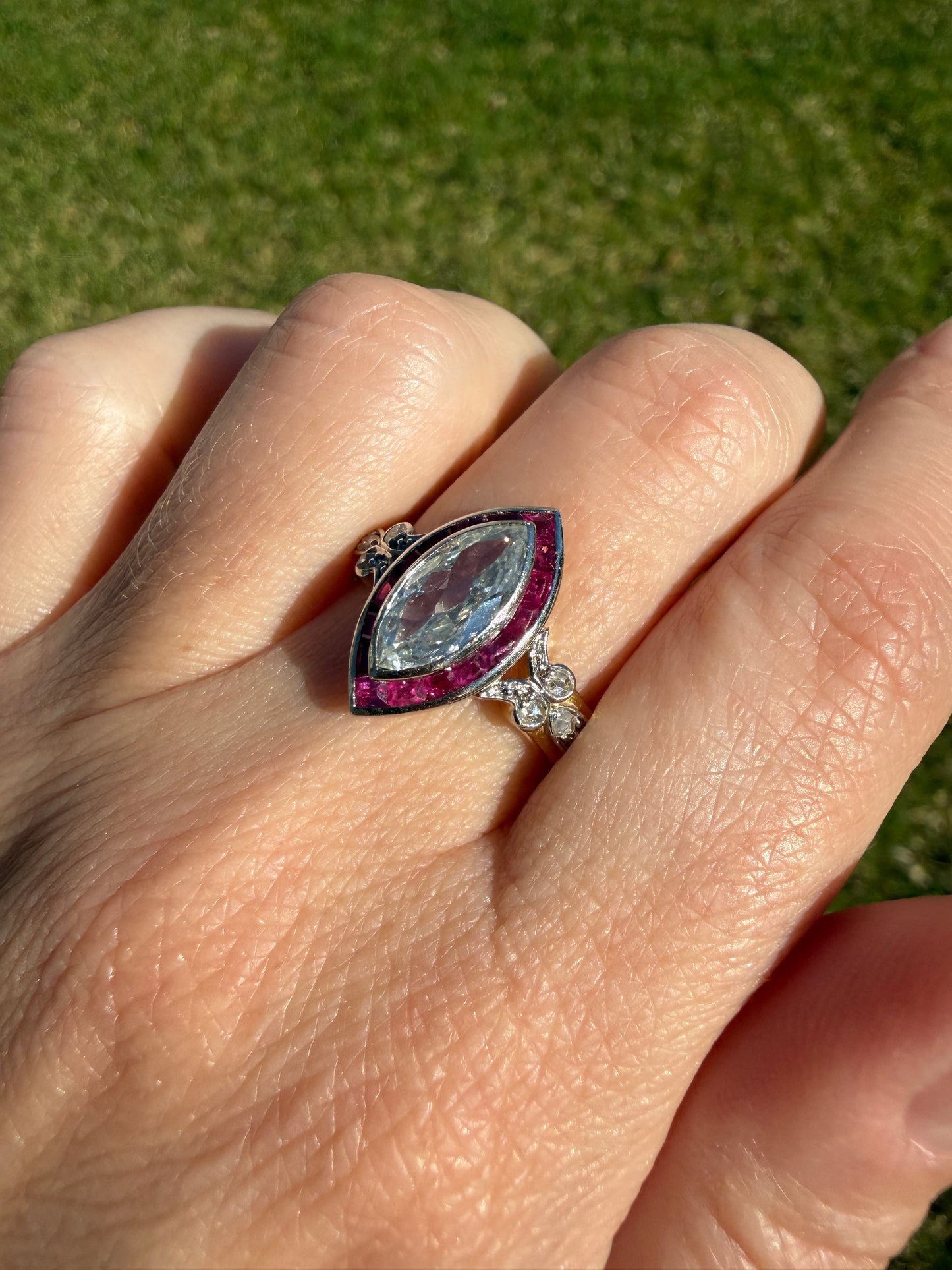 Vintage One Carat Old Cut MARQUISE Diamond Ruby HALO Navette French Art Deco Ring 18k Gold Platinum Belle Epoque Pink Rose Cut Accents
