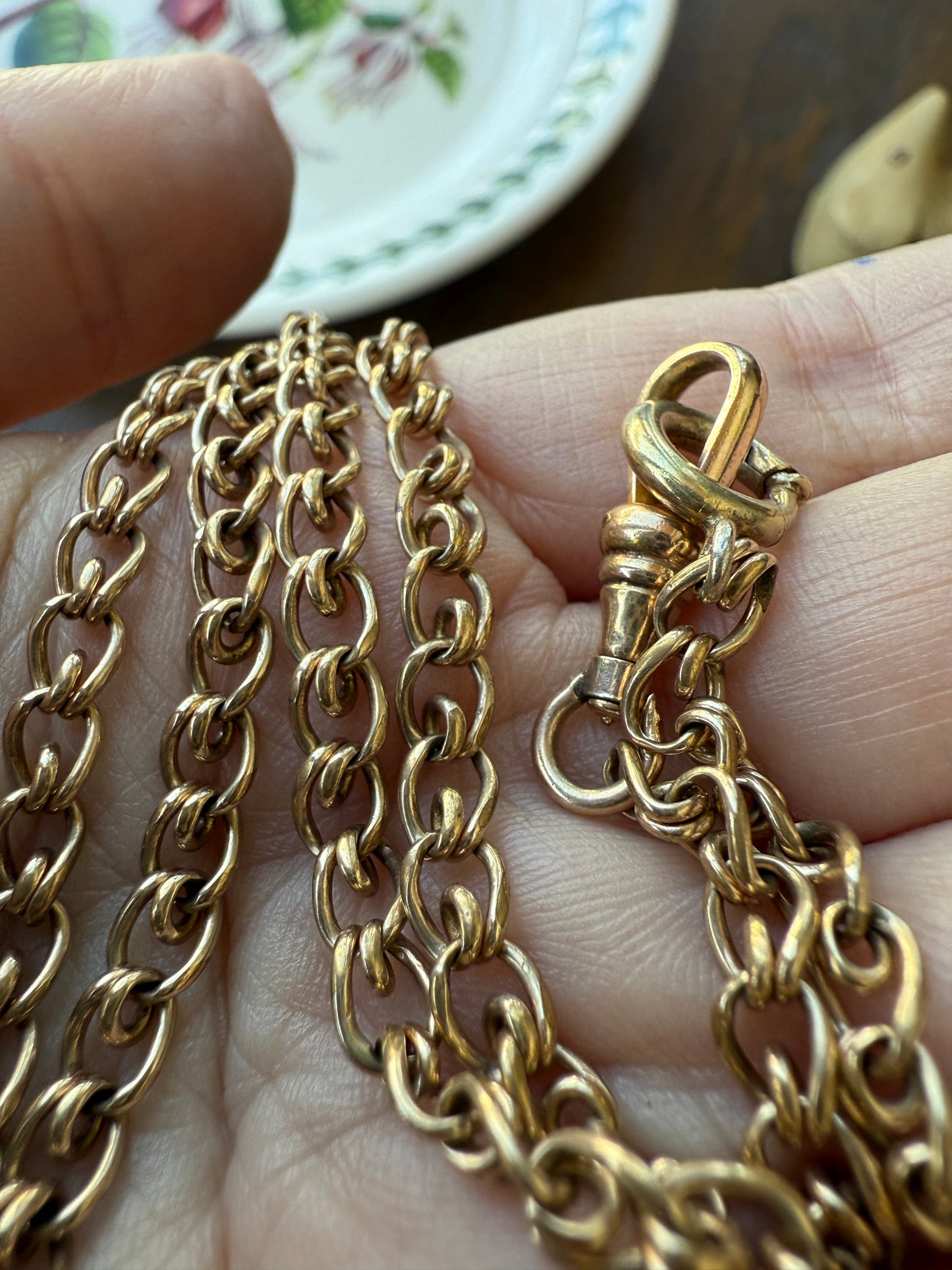 Antique Gold Filled Watch Chain - What Link is This? - Dog Clip and Spring Ring Connector Necklace 15.5" 9.5g