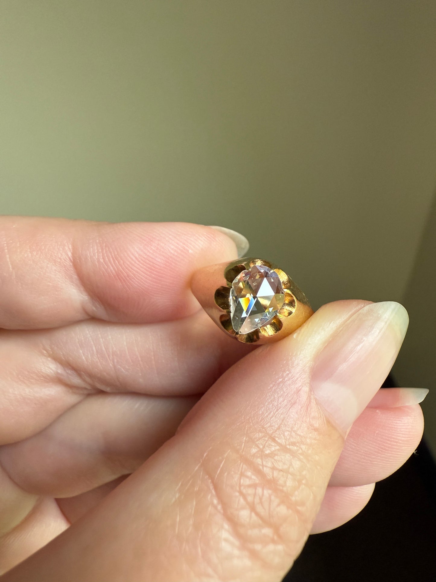 Special PEAR Open Back Rose Cut DIAMOND Original Antique Solitiare 18k Gold Buttercup Belcher Glowing Setting
