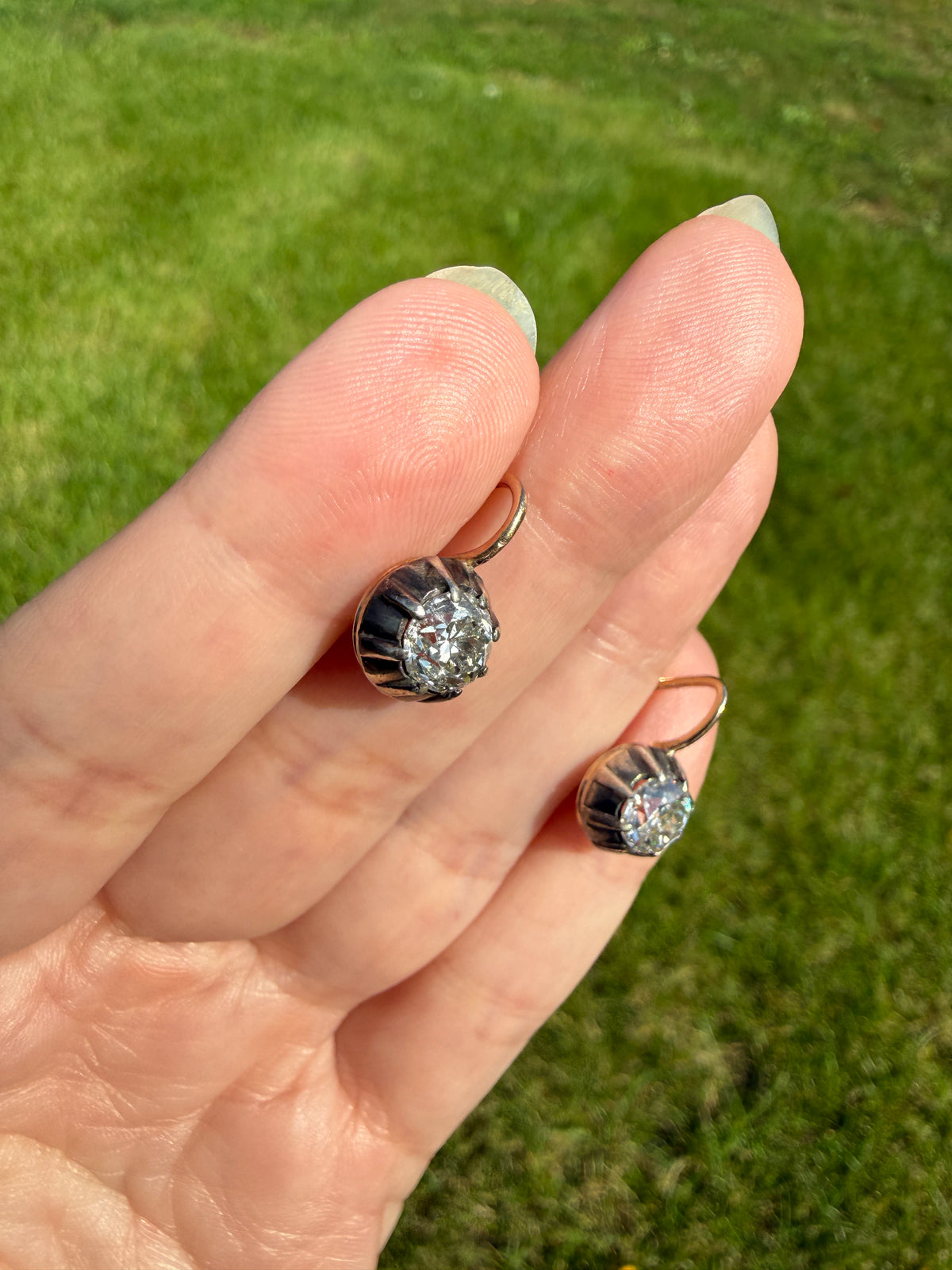 Original Antique Two Carats Tdw Natural Old Mine Cut Diamond Earrings 14k Gold Silver Collets Victorian Dangle Dormeuse Gift 2Ctw