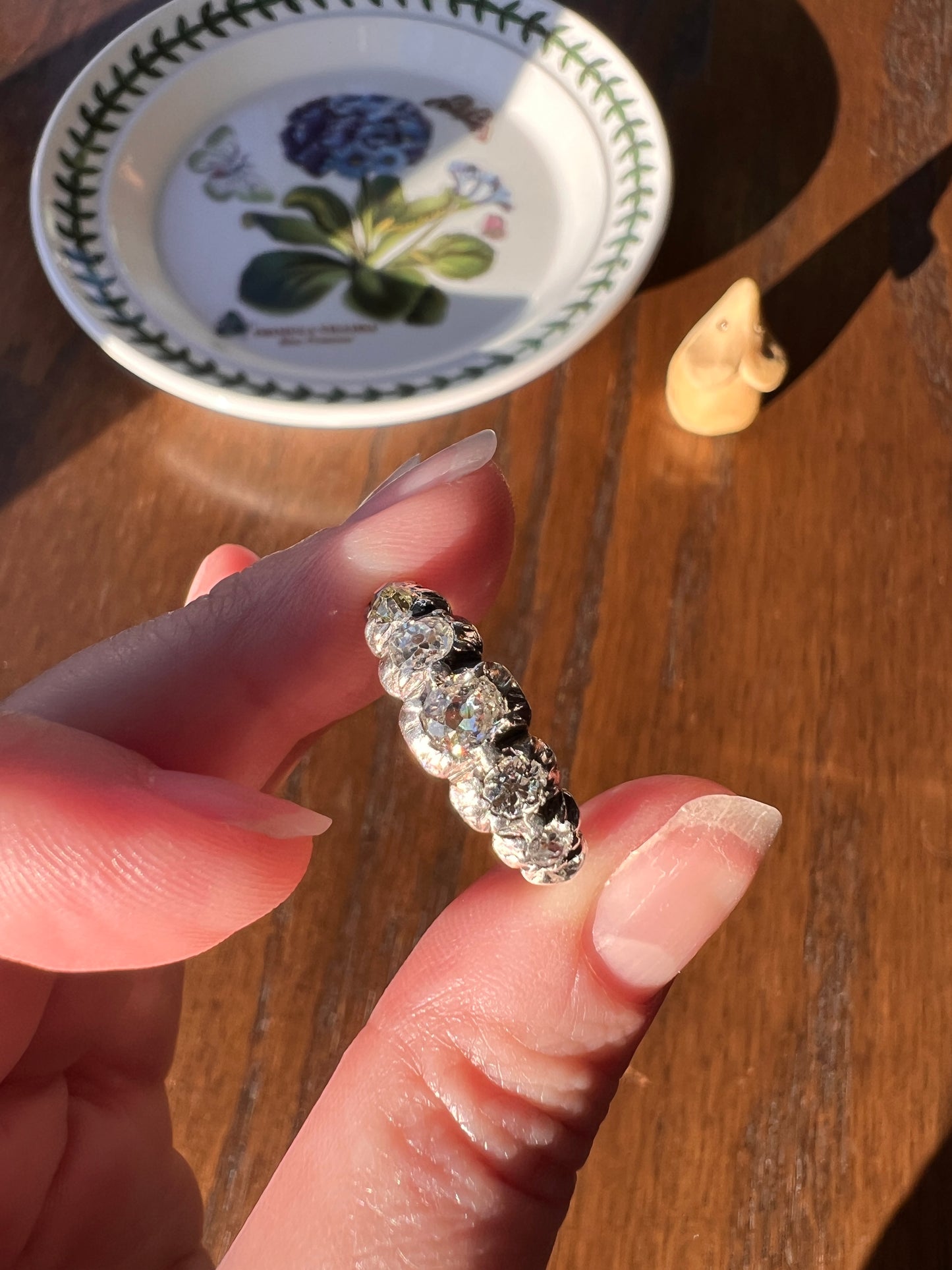 VICTORIAN French ANTIQUE 1.3 Carat Old Mine Cut DIAMOND Seven Stone Half Hoop 18k Gold Silver Collets Stacker Band Open Back