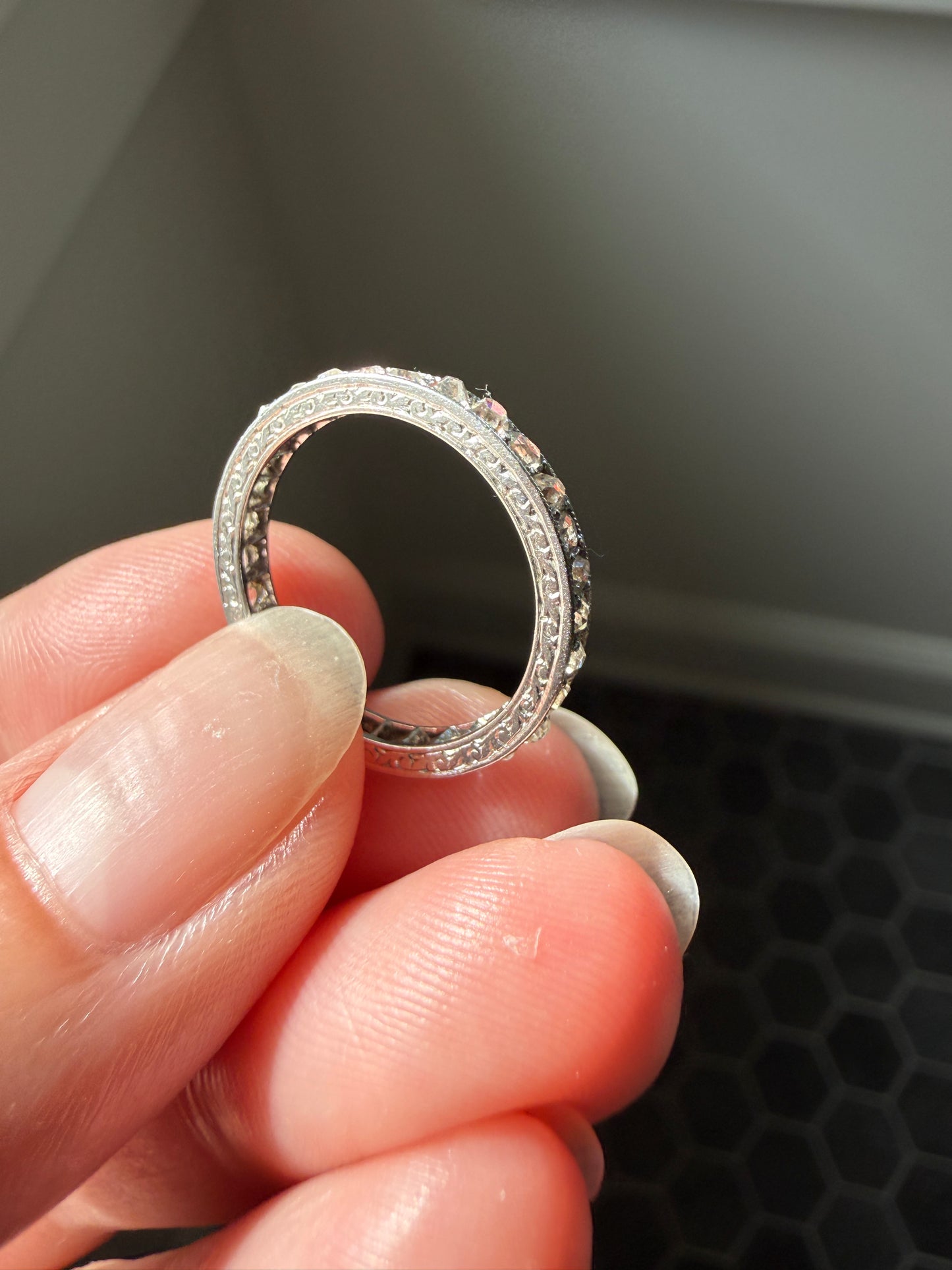 French Antique PLATINUM Chunky 1.5 Carat 29 Old Mine Cut Eternity Band Skinny Wedding Band Engraved Edwardian Stacker