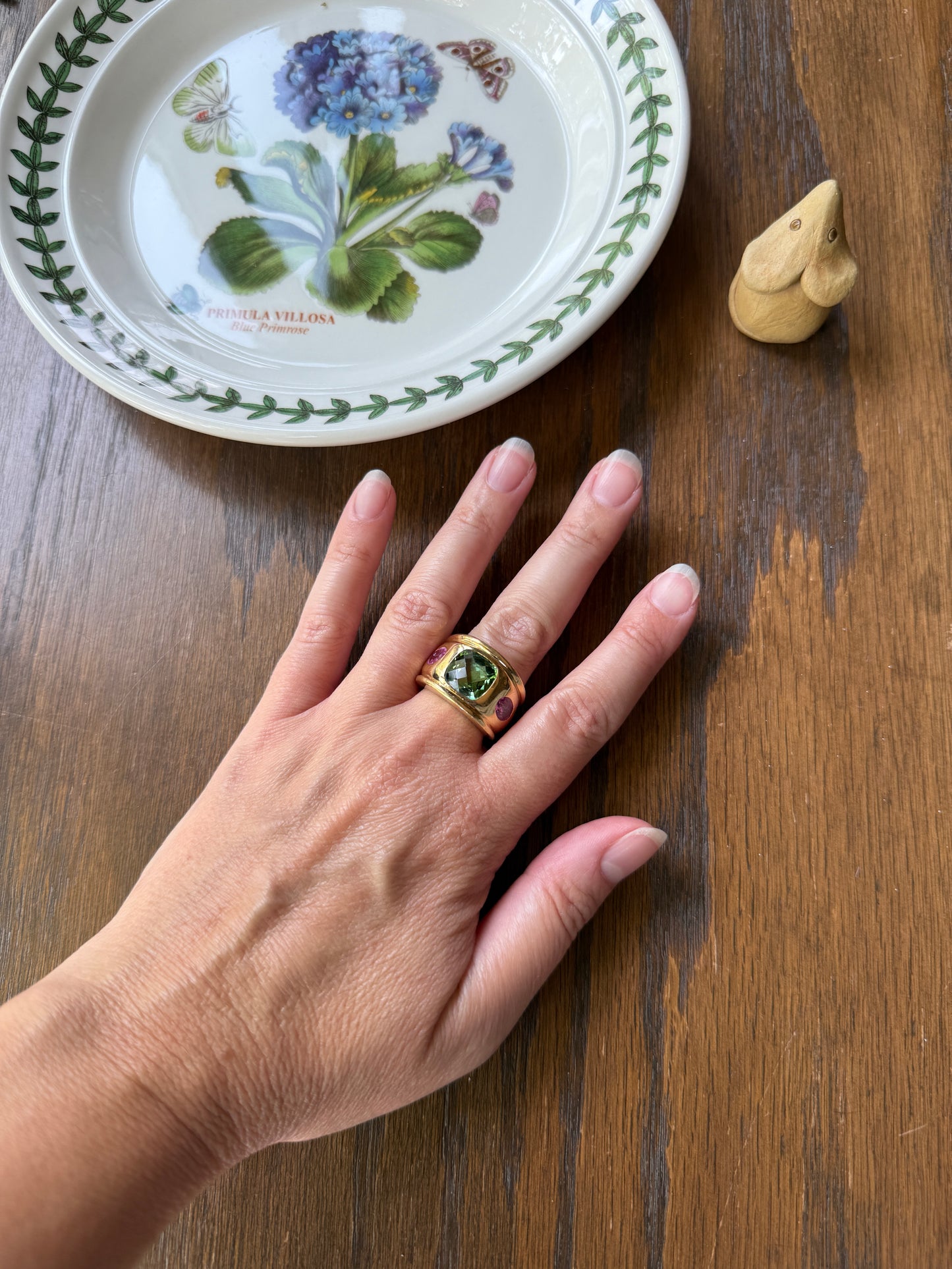 MEGA Green Tourmaline & Pink Sapphire Three Stone Ring HEAVY 20g 18k Gold Solid French Vintage Chunky Stacker Discoball Wide Band Color