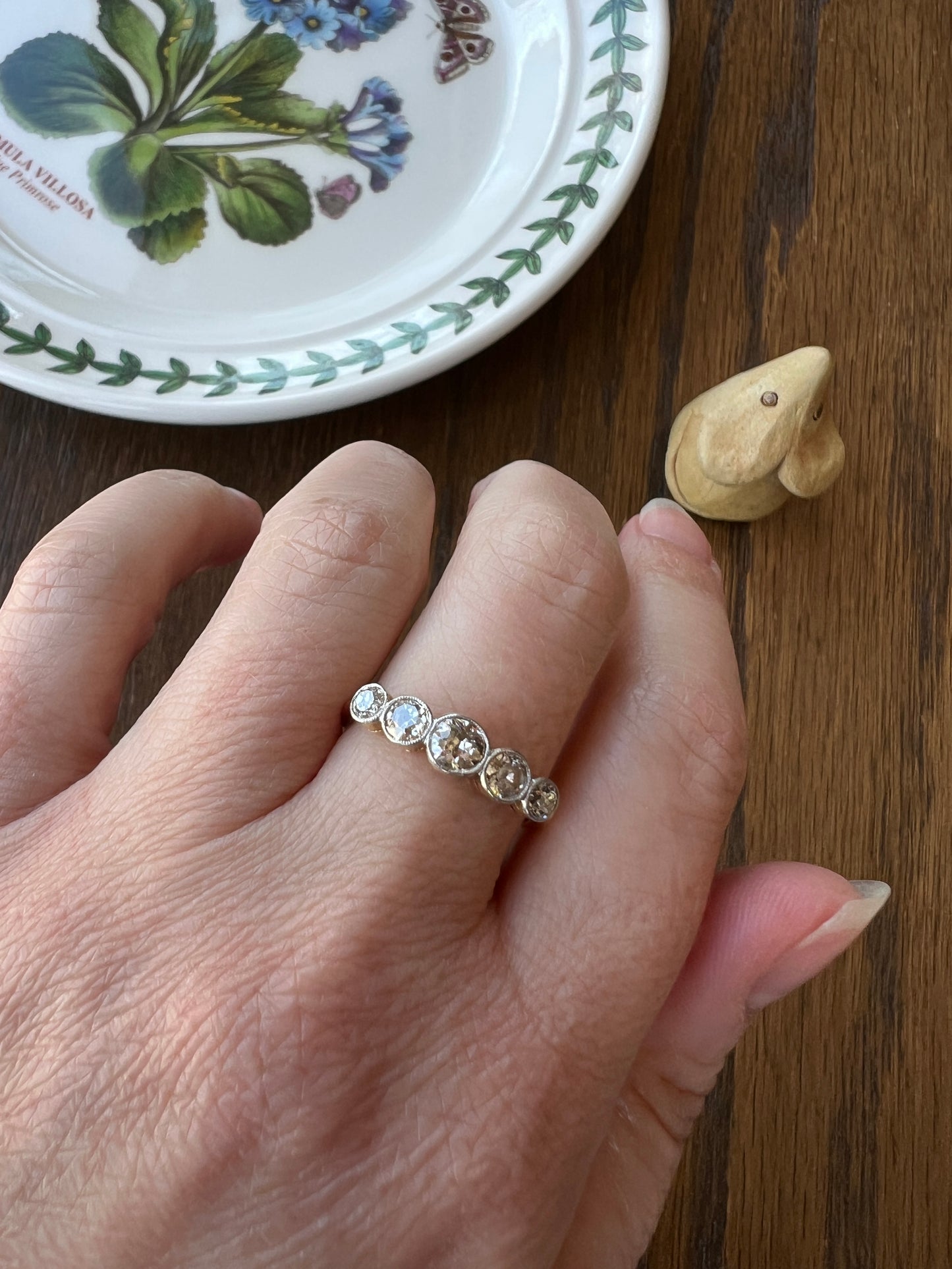 Antique One Carat Champagne White Old Mine Cut DIAMOND 18k Gold Platinum Five Stone Ring Bezel Set Band