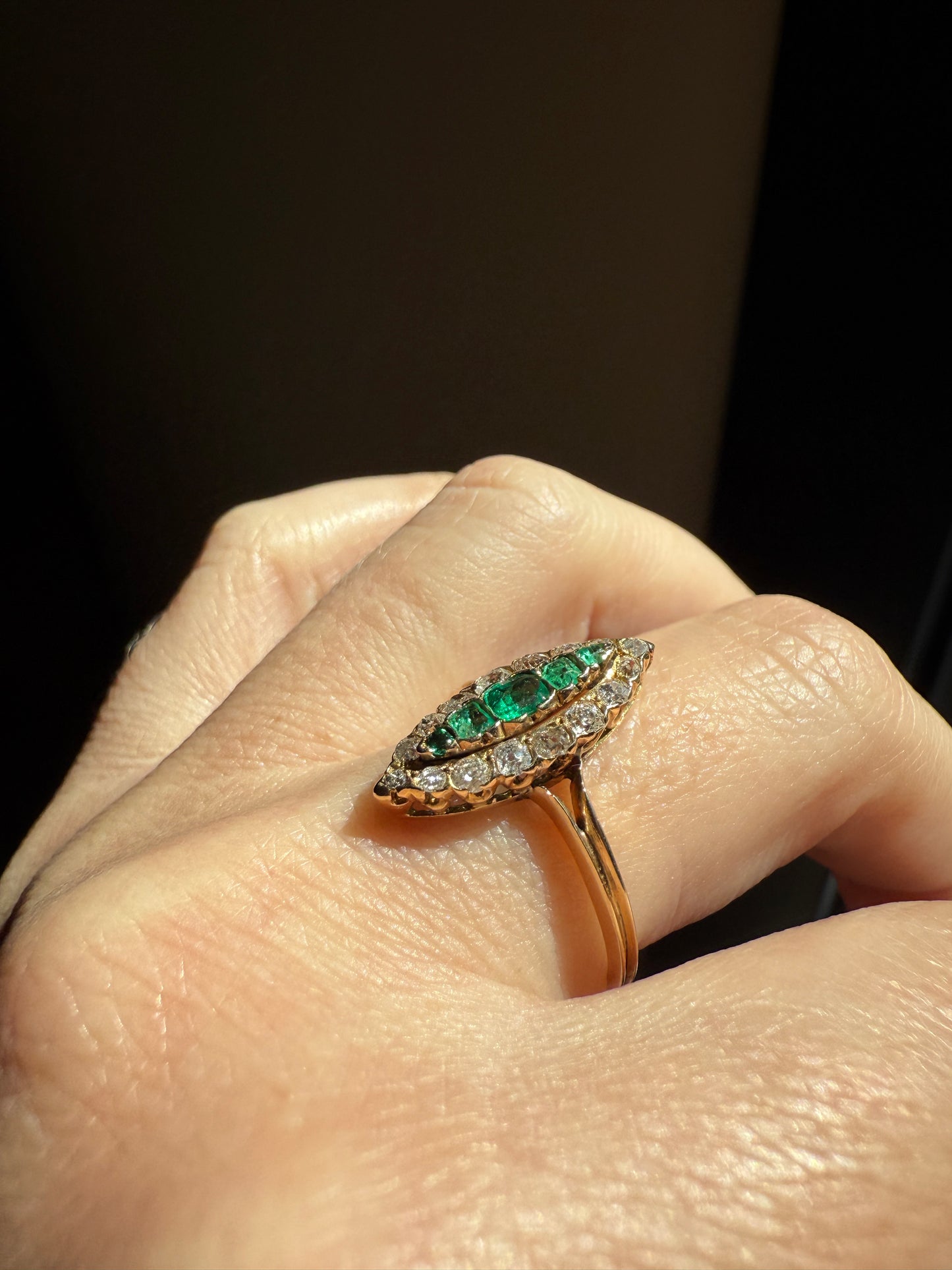 Emerald Five Stone Antique Old Mine Cut DIAMOND Halo Navette Ring 18k Gold Skinny Green Sparkle Stacker Victorian
