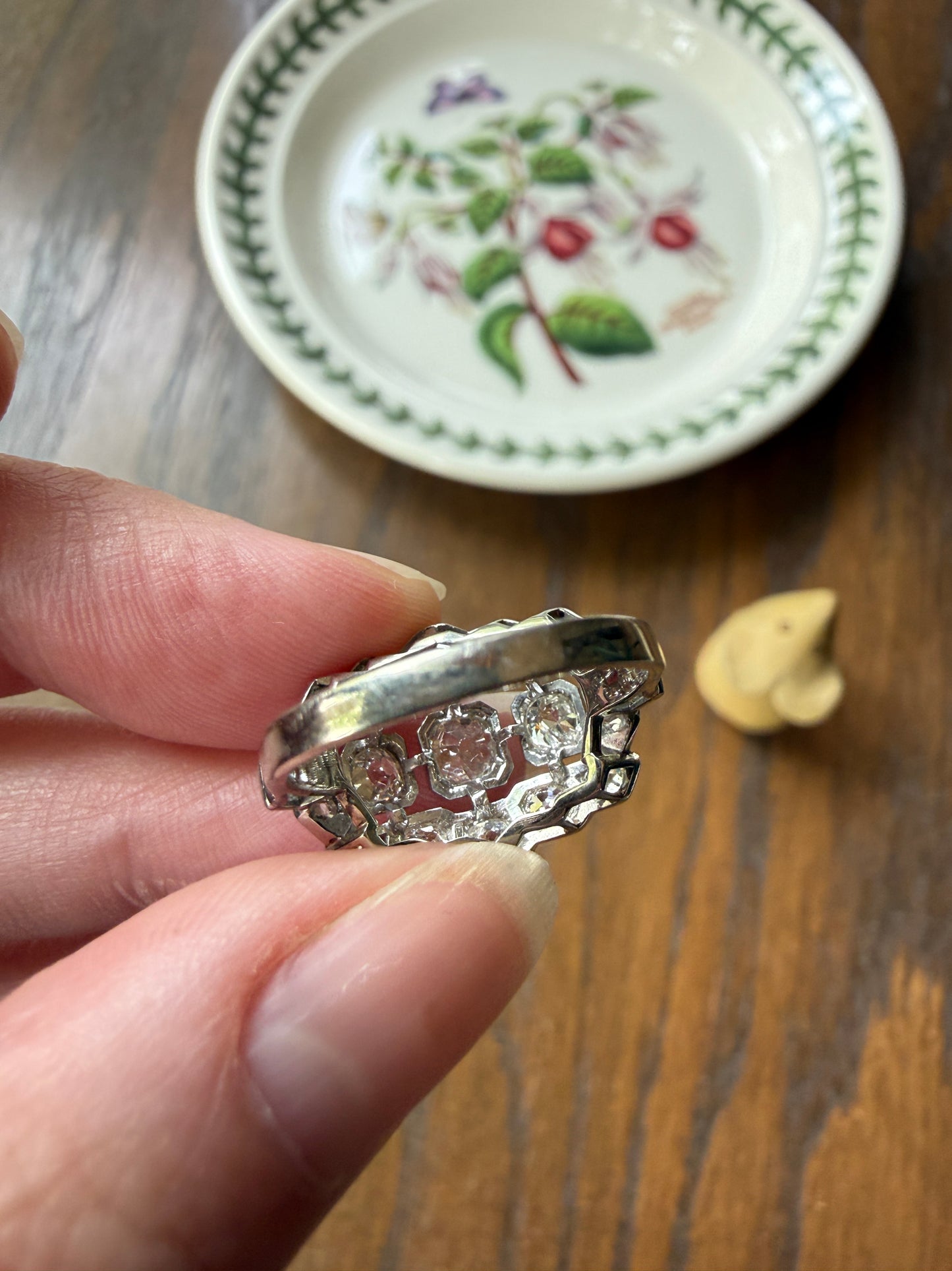 Ornate Art Deco 1.5 Carat Rose & Old Mine Cut Diamond Cluster Ring 18k White Gold Platinum East West Wide Three Stone Halo Cocktail Stacker