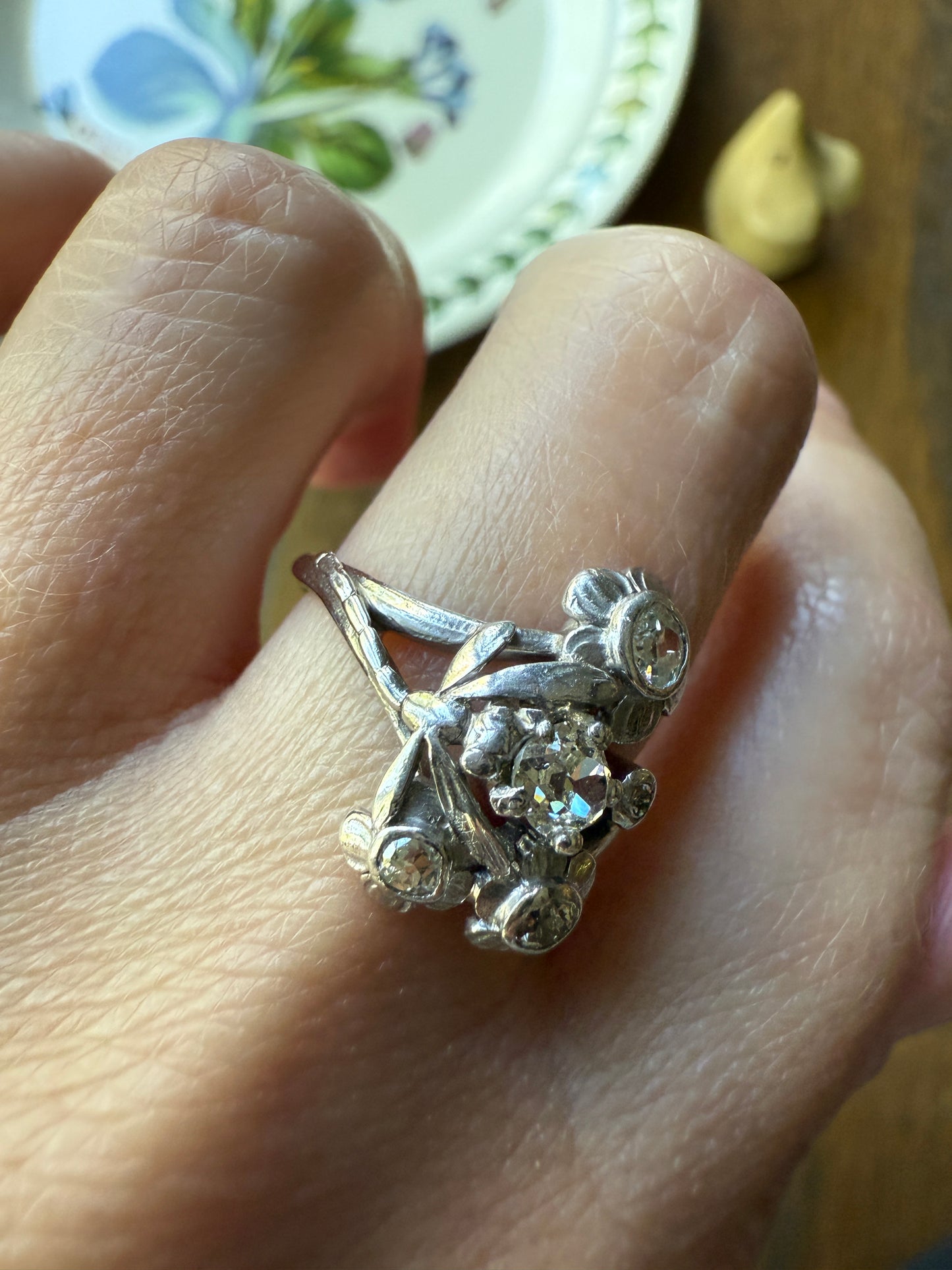 DRAGONFLY Special Dated 1922 Antique Ring 0.7 Carat Old Mine Cut DIAMONDS 18k White Gold Figural Flower Bouquet French Art Deco