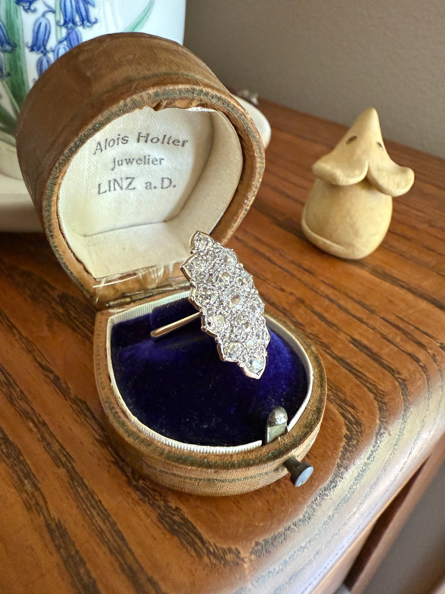 TALL Unique 2.3 Carat Old Mine Cut DIAMOND Navette Cluster Ring French Vintage 18k White Gold Demi Bezel Halo Cobblestone Texture 2.3Ctw OMC