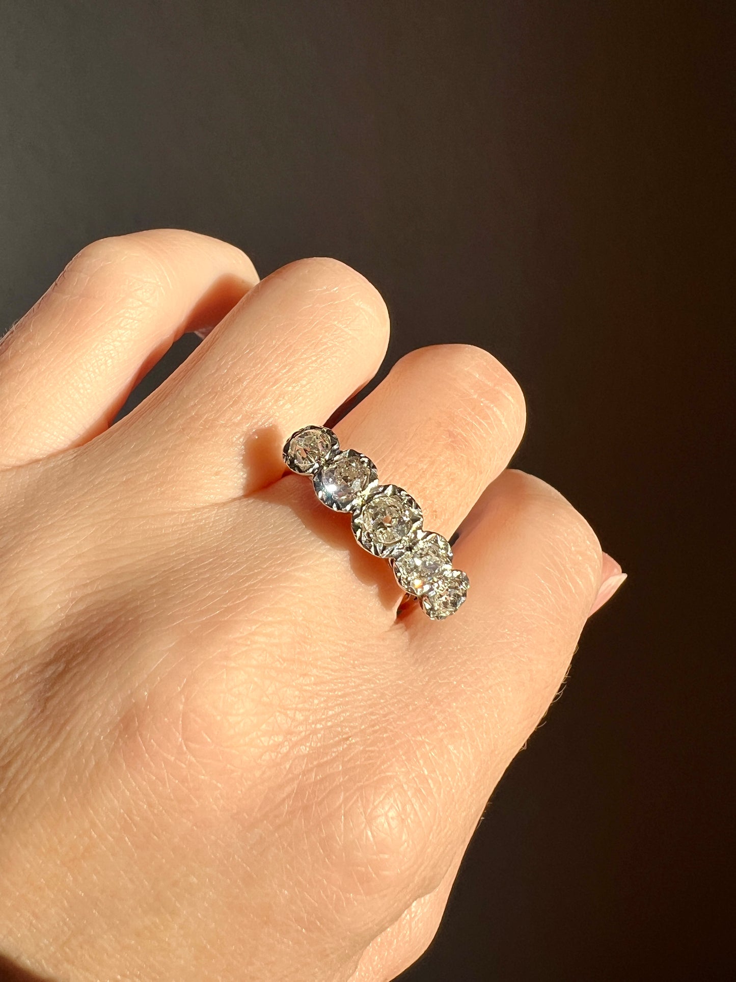 Antique 1.2 Carat Old Mine Cut DIAMOND 18k Gold Platinum Five Stone Ring Tall Band Splayed Stacker Blush Sunburst