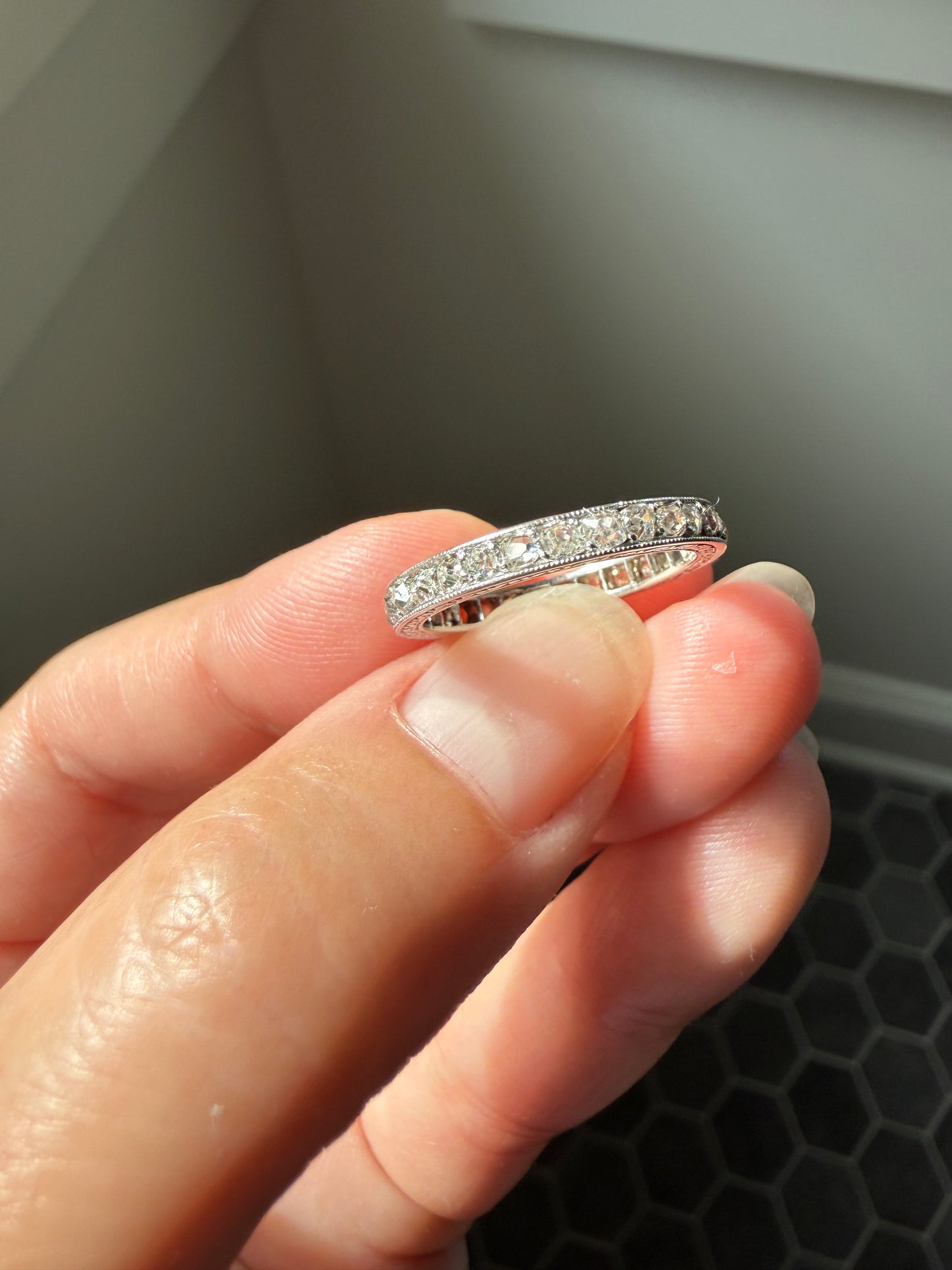 French Antique PLATINUM Chunky 1.5 Carat 29 Old Mine Cut Eternity Band Skinny Wedding Band Engraved Edwardian Stacker