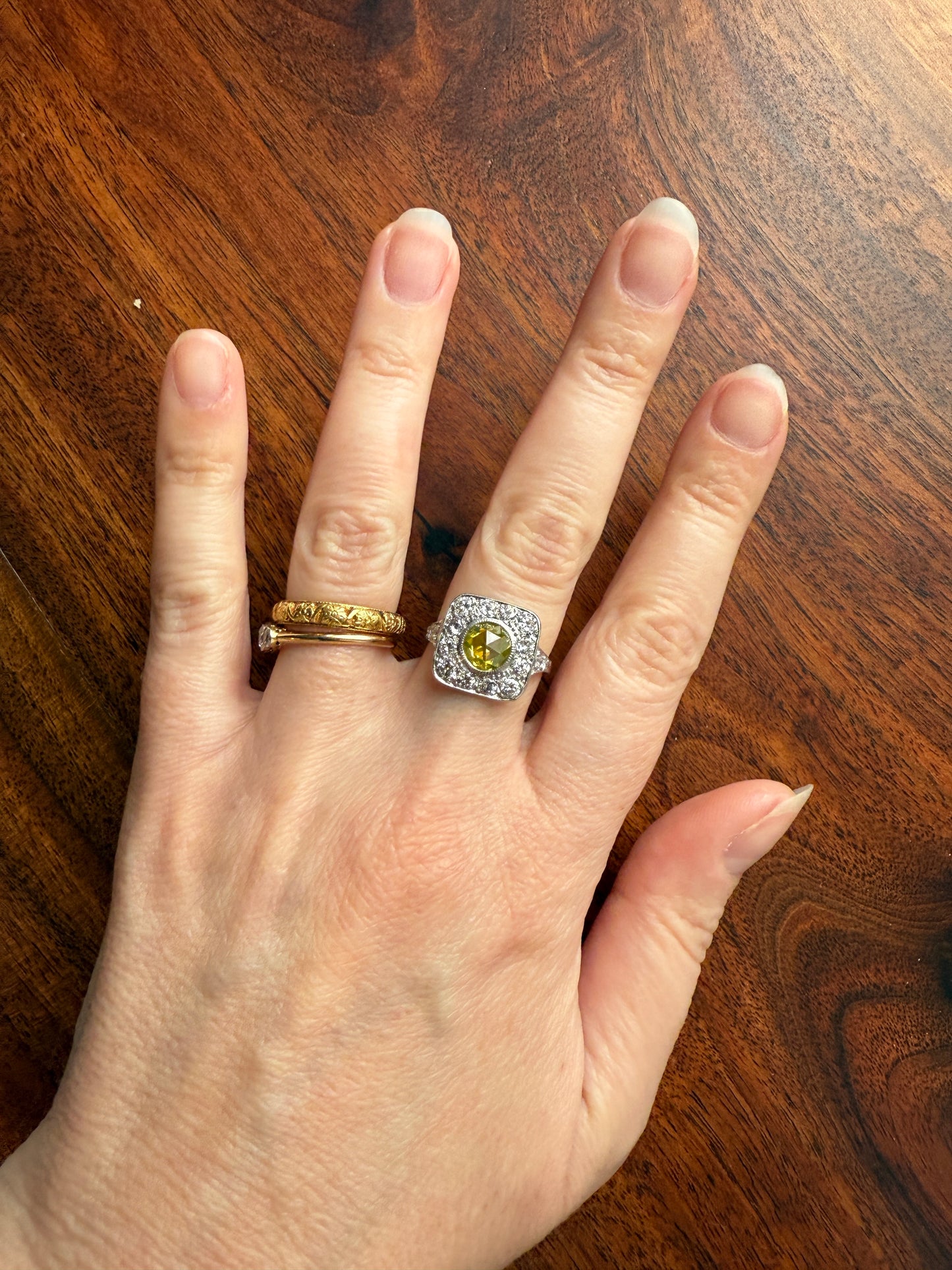 Vintage .8 Carat Fancy Greenish Yellow Natural ROSE CUT Diamond 1.8 Ctw Transitional Cut Boxed Cobblestone Panel Ring Platinum Lemon Lime