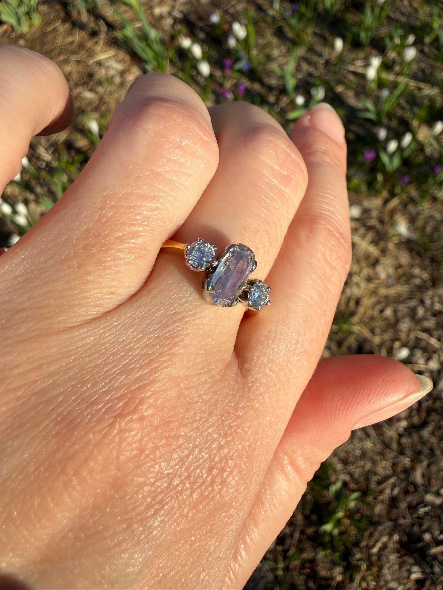 Unique Vintage Elongated Natural VS1 Portrait Rose Cut Three Stone DIAMOND Ring 18k Gold Solid Cushion Oval Stacker Band