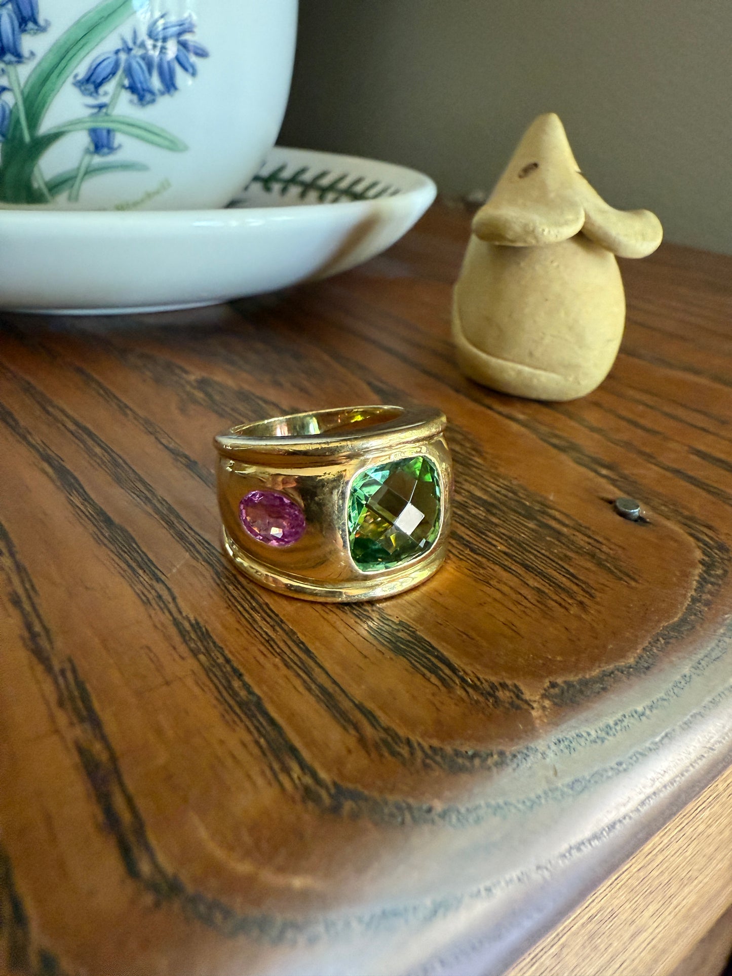 MEGA Green Tourmaline & Pink Sapphire Three Stone Ring HEAVY 20g 18k Gold Solid French Vintage Chunky Stacker Discoball Wide Band Color