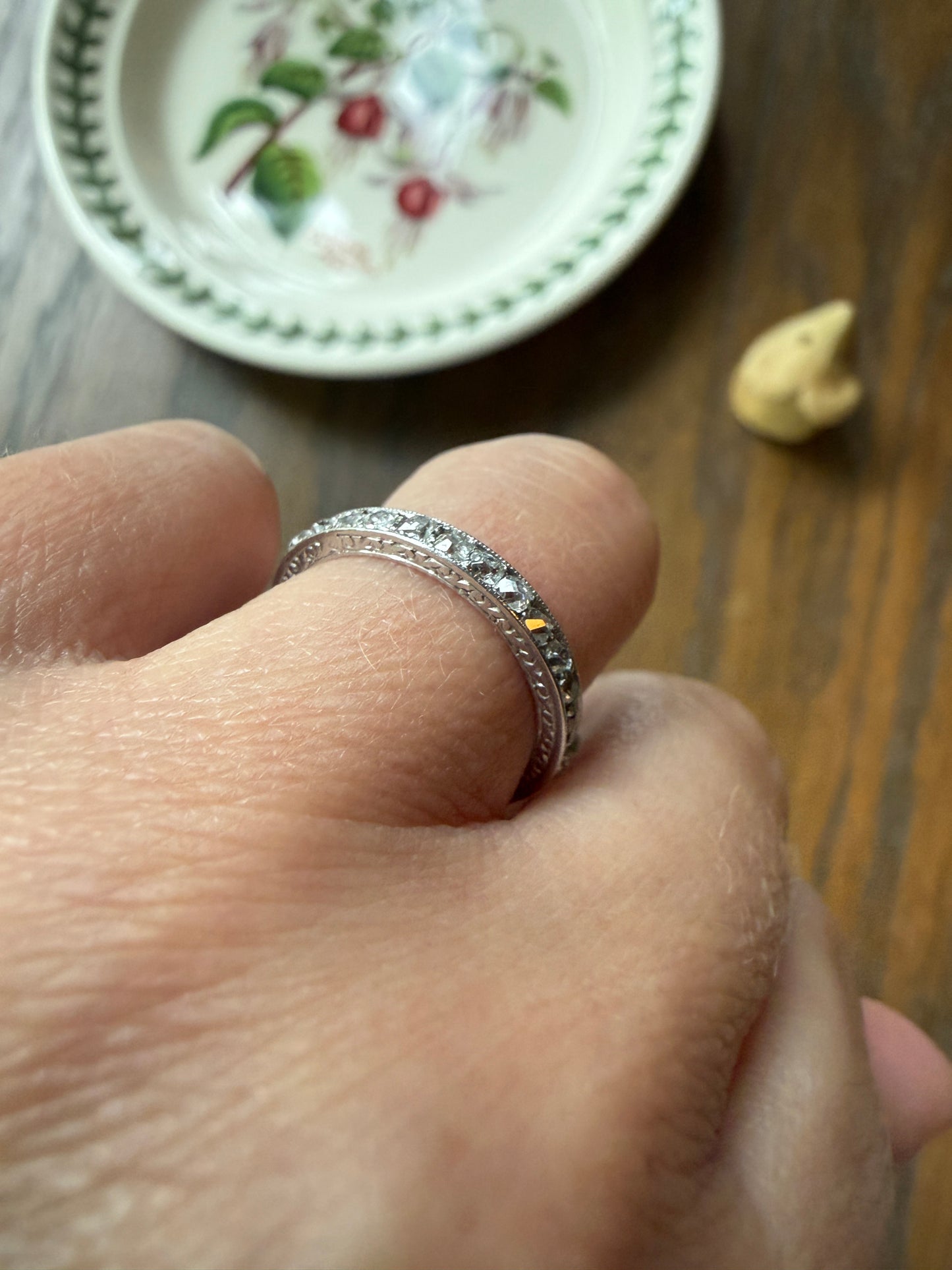 French Antique PLATINUM Chunky 1.5 Carat 29 Old Mine Cut Eternity Band Skinny Wedding Band Engraved Edwardian Stacker