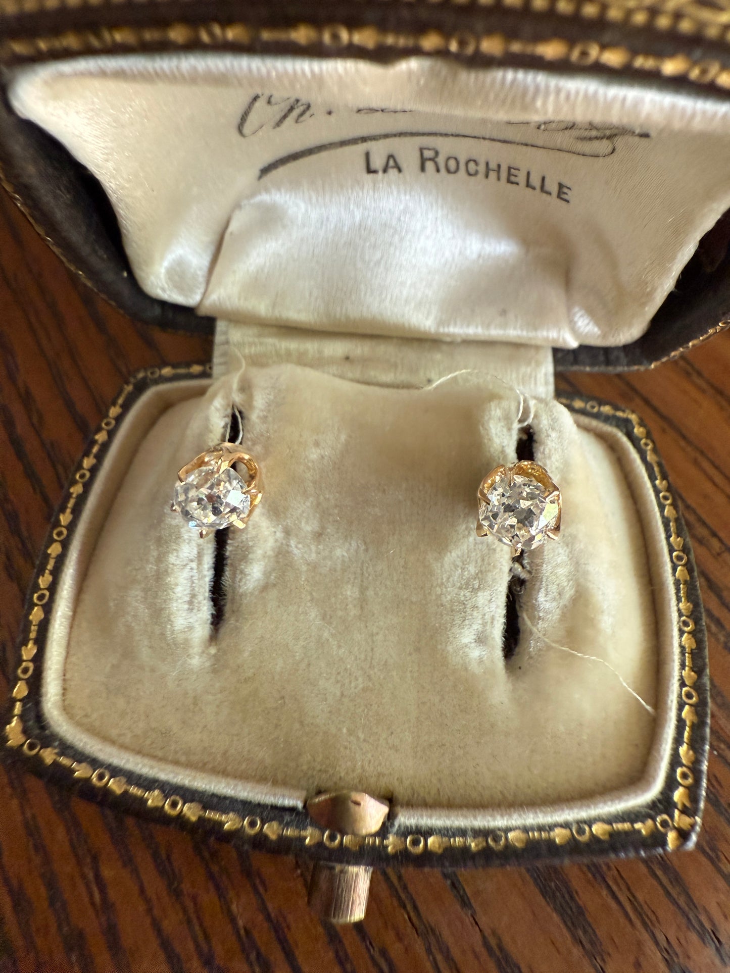 Antique 1 Carat 1Ctw. Cushion Cut Old Mine Cut DIAMOND Stud Earrings 18k GOLD Setting 9k Backs