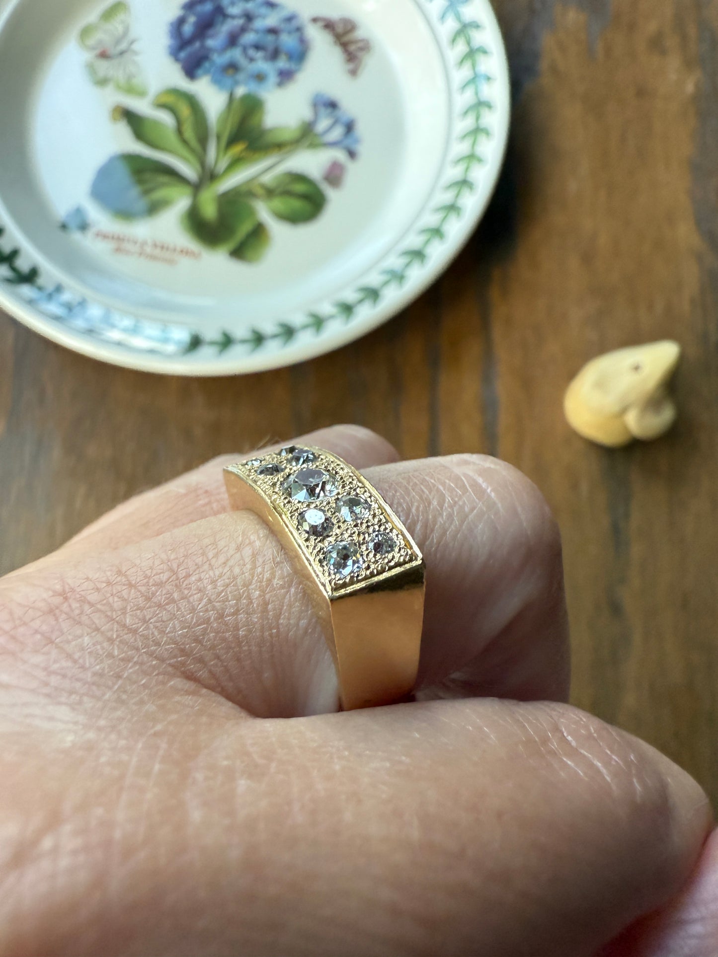 Transitional & Old Mine Cut DIAMOND 1Ctw French Vintage Grid Ring Platform Unisex Nine Stone Sturdy 7.5g 18k Gold Chunky Signet Stacker Gift