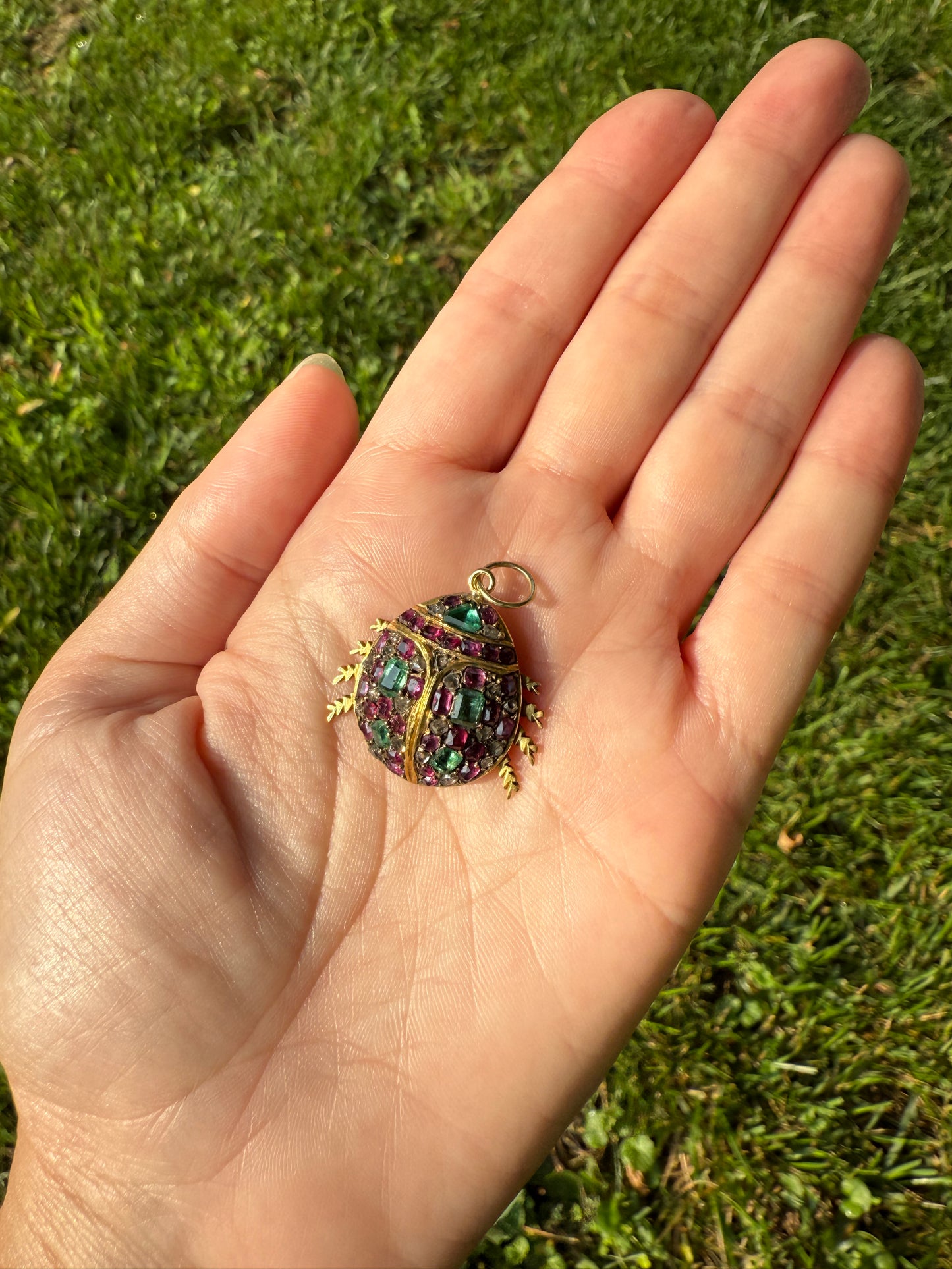 LADYBUG Large Antique Beetle Scarab Ruby Diamond Emerald Encrusted 14k Gold 3D Figural Pendant Domed Colorful Chunky