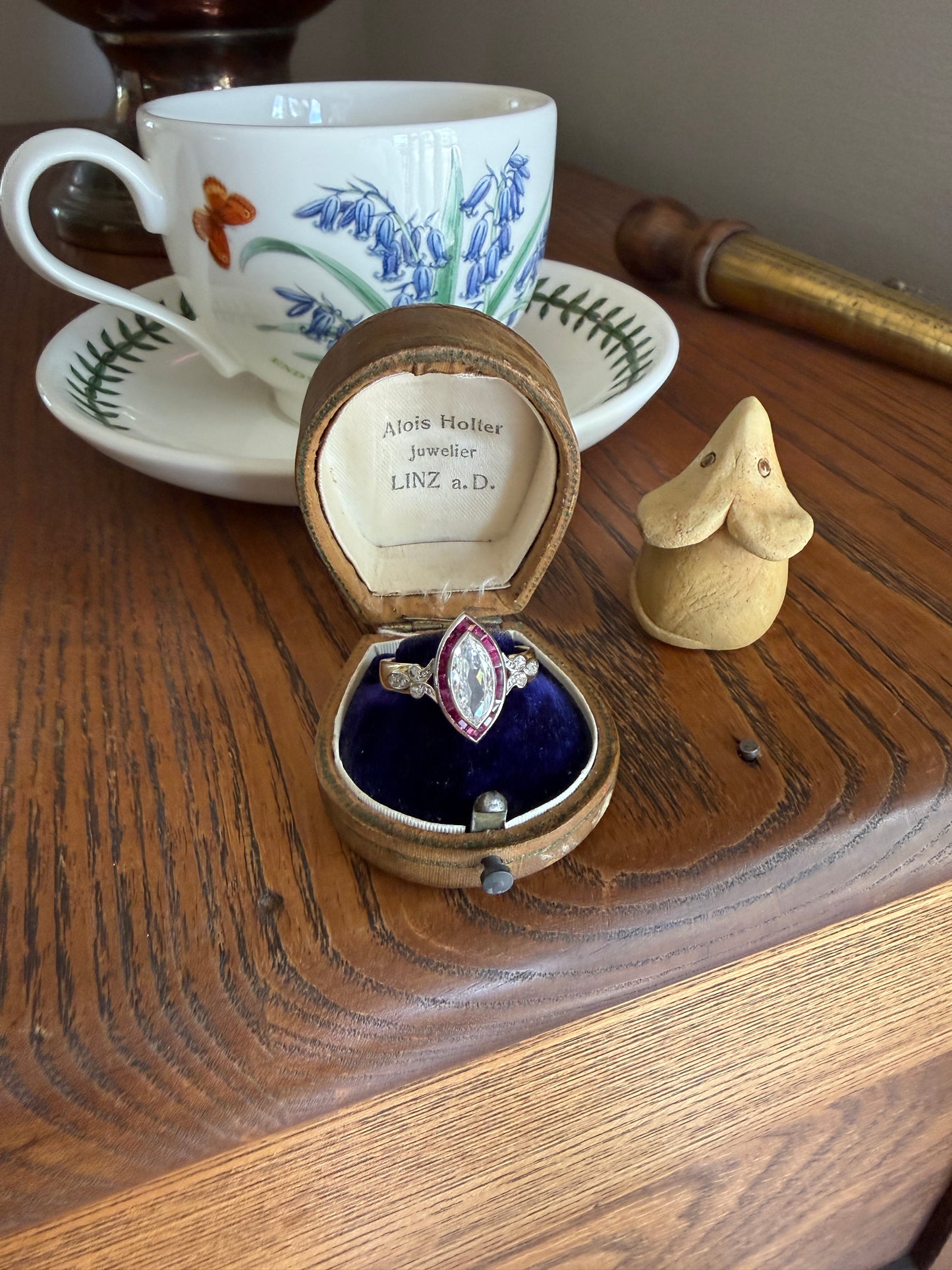 Vintage One Carat Old Cut MARQUISE Diamond Ruby HALO Navette French Art Deco Ring 18k Gold Platinum Belle Epoque Pink Rose Cut Accents