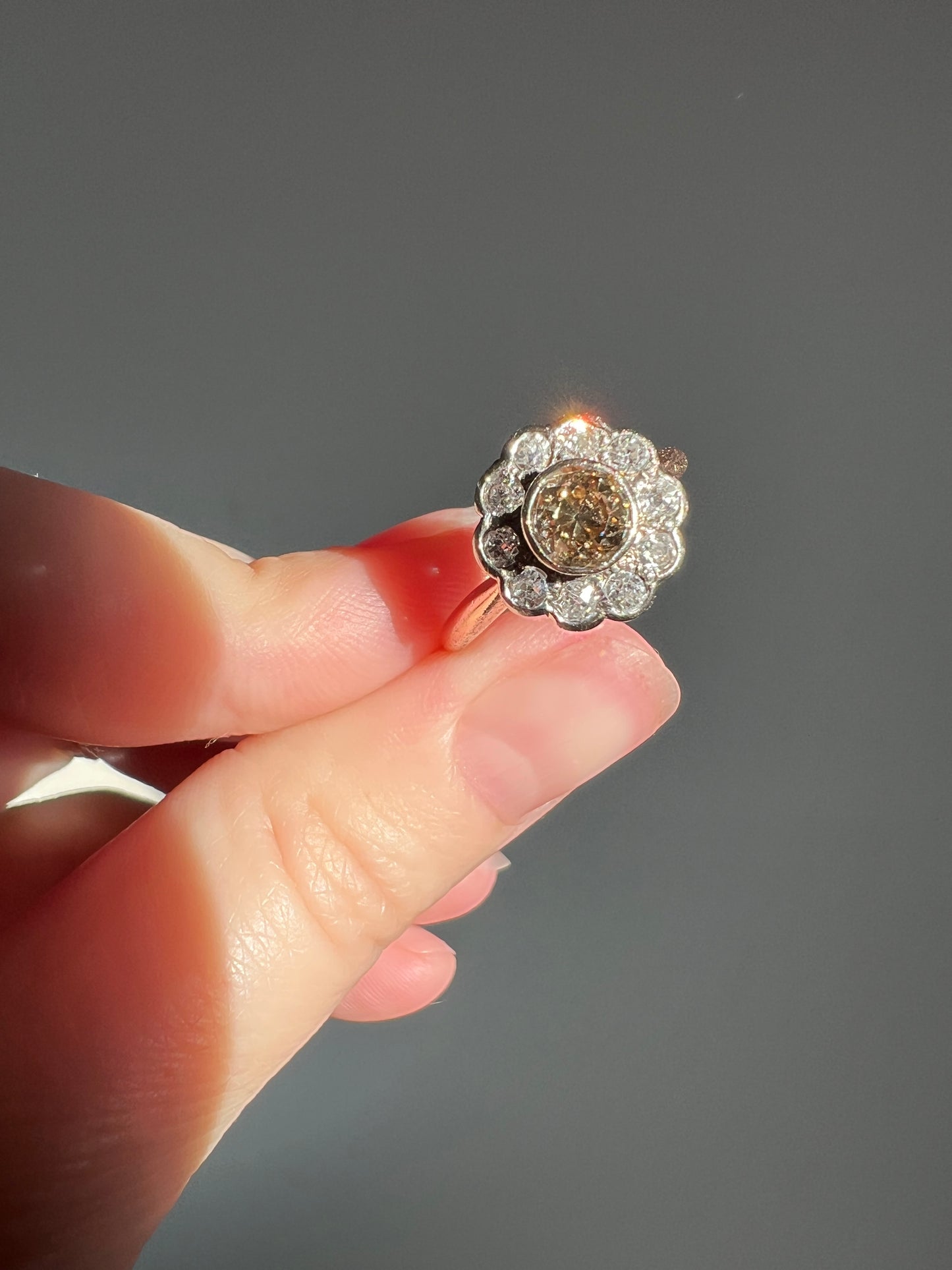 Wonderful Antique 1.1 Carat Tdw Fancy Light BROWN & White Old Mine Cut DIAMOND Halo Cluster Ring 14k Gold Champagne Daisy