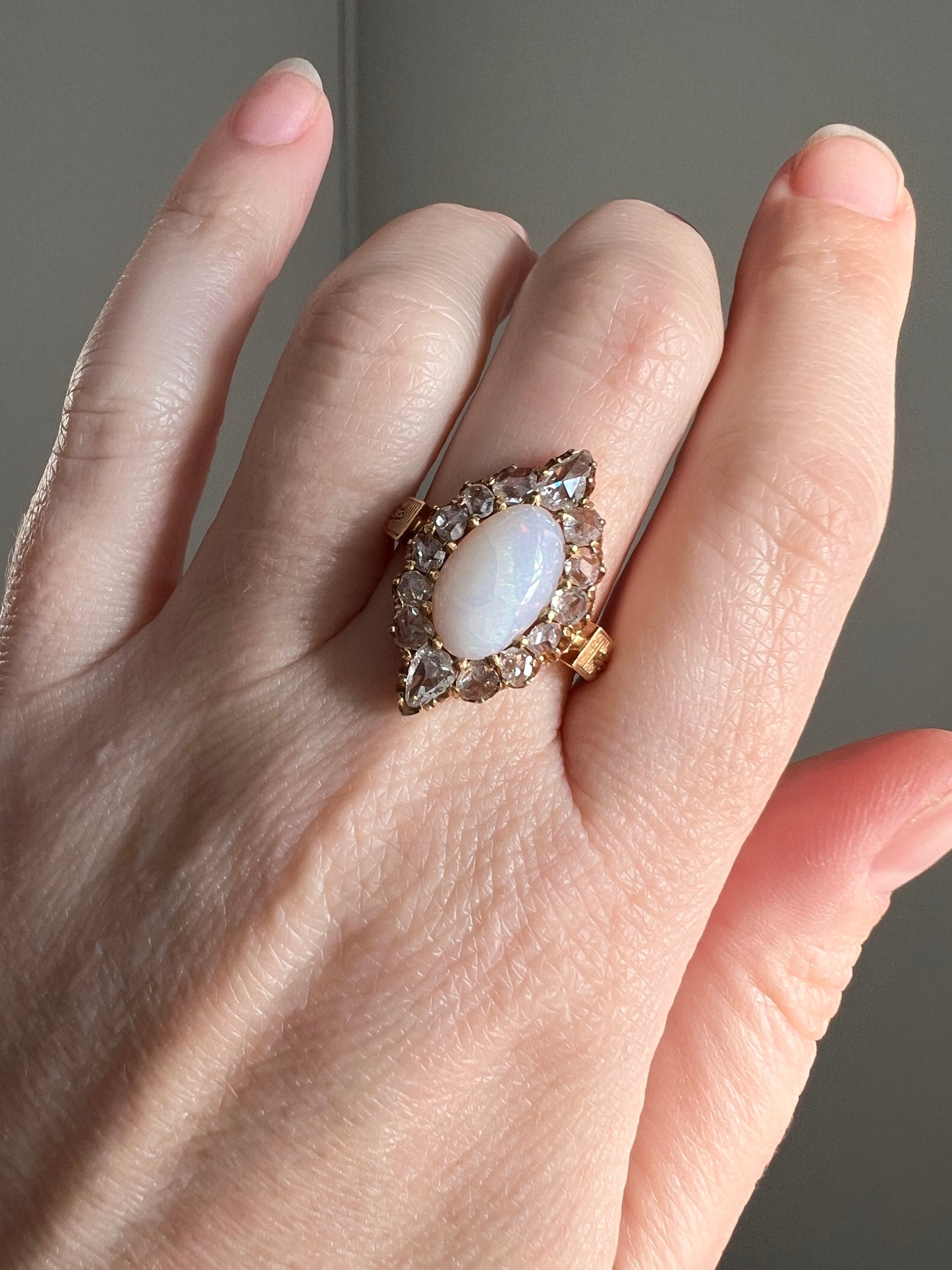 PEAR 1 Carat Rose Cut Diamond Halo Large OPAL French Antique Belle Epoque Ring 18k Gold Gift Belle Epoque