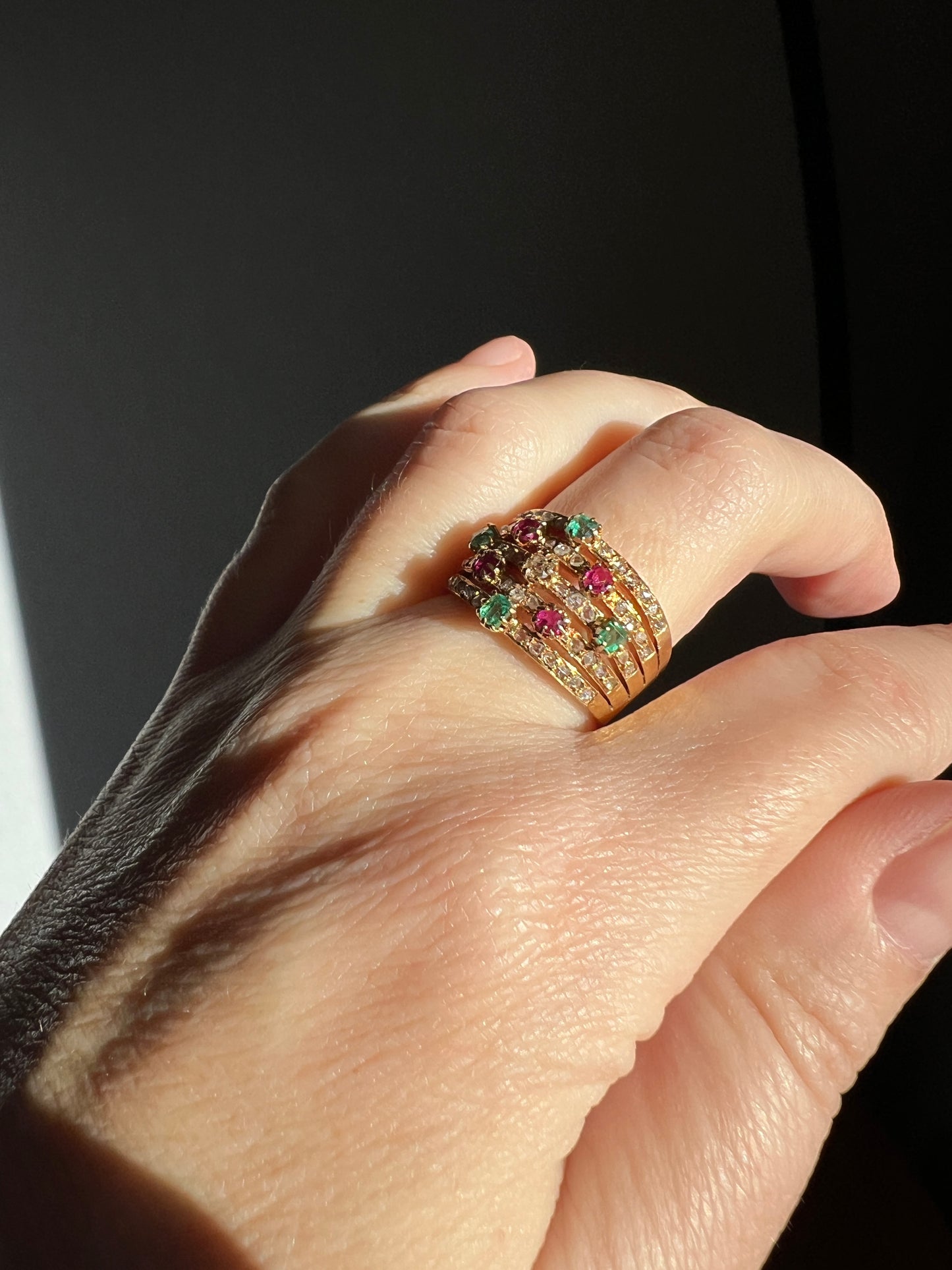 Antique Rose & Old Mine Cut Diamond Old Cut Natural RUBY Emerald Multi Band Ring Harem Victorian French 18k Gold