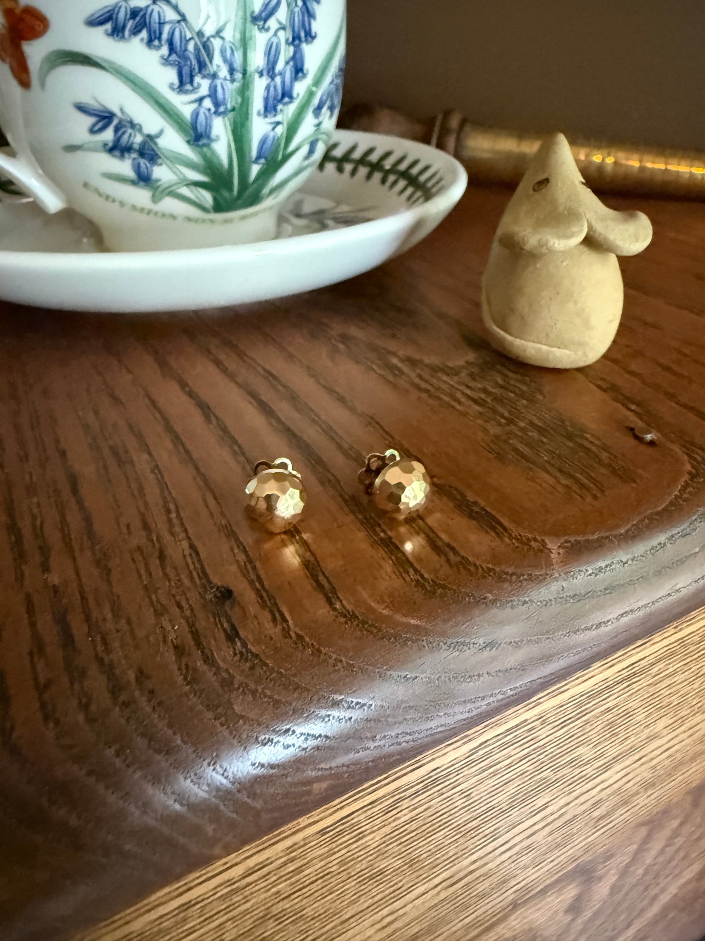 French Vintage - Antique Gold Faceted Bead 3D Button Studs Vintage 18k GOLD Solid EARRINGS Earstack Geodesic Dome Disco Ball Shimmer