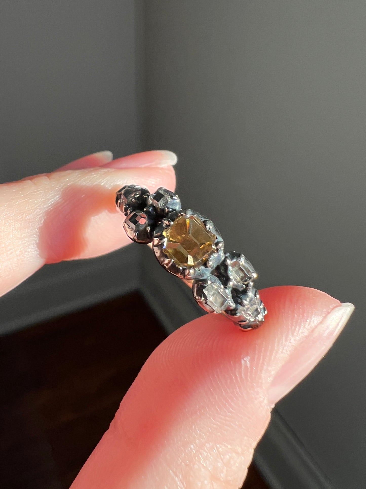 Rare YELLOW & Colorless Old Table Cut DIAMOND Nine Stone Band Antique Georgian Ring 18k Rose Gold Silver