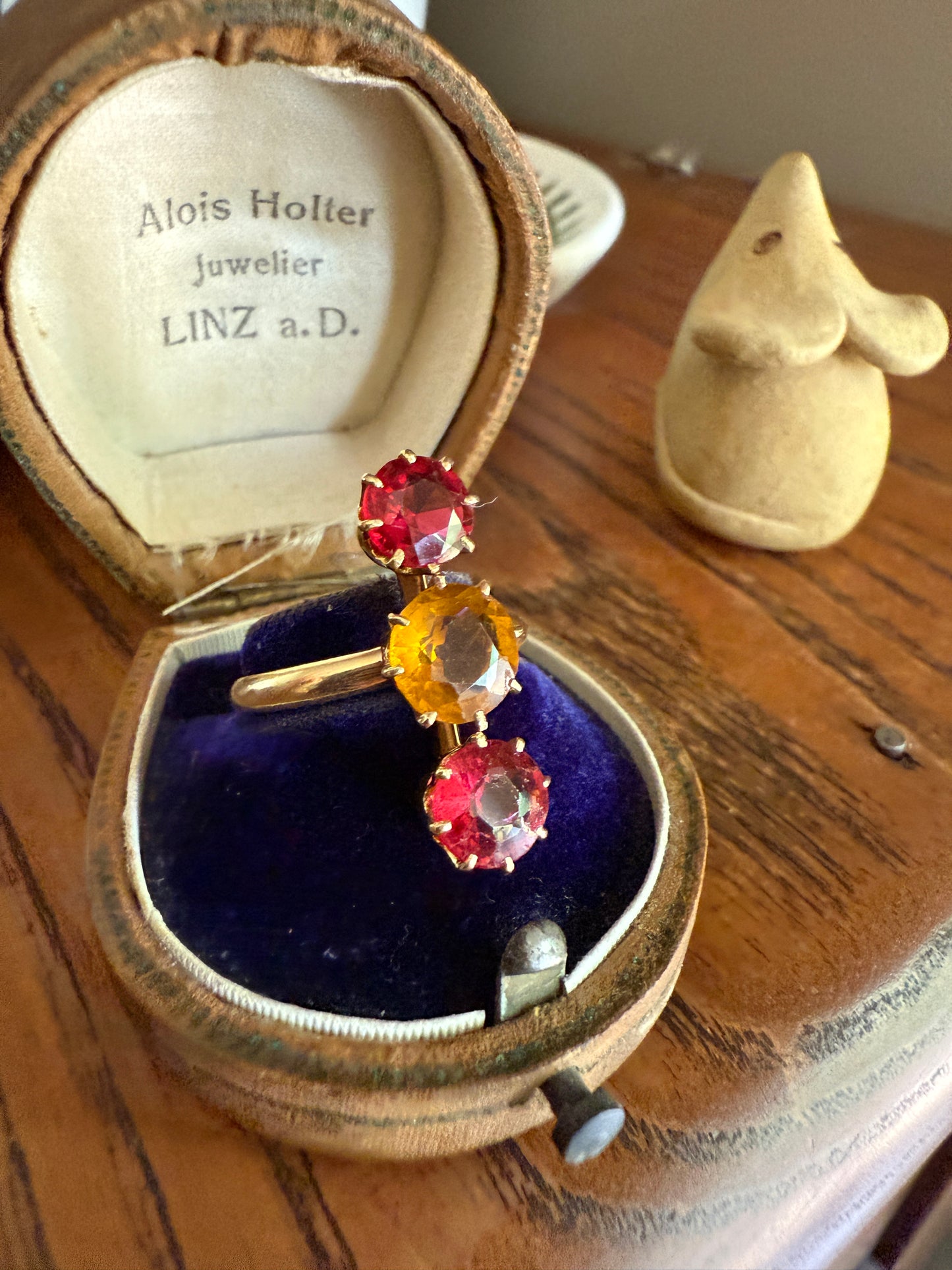 Dated 1924 Old Cut Antique Paste Three Stone Yellow & Red Crown Prong Setting 18k Gold Engraved Colorful Ringstack French Art Deco