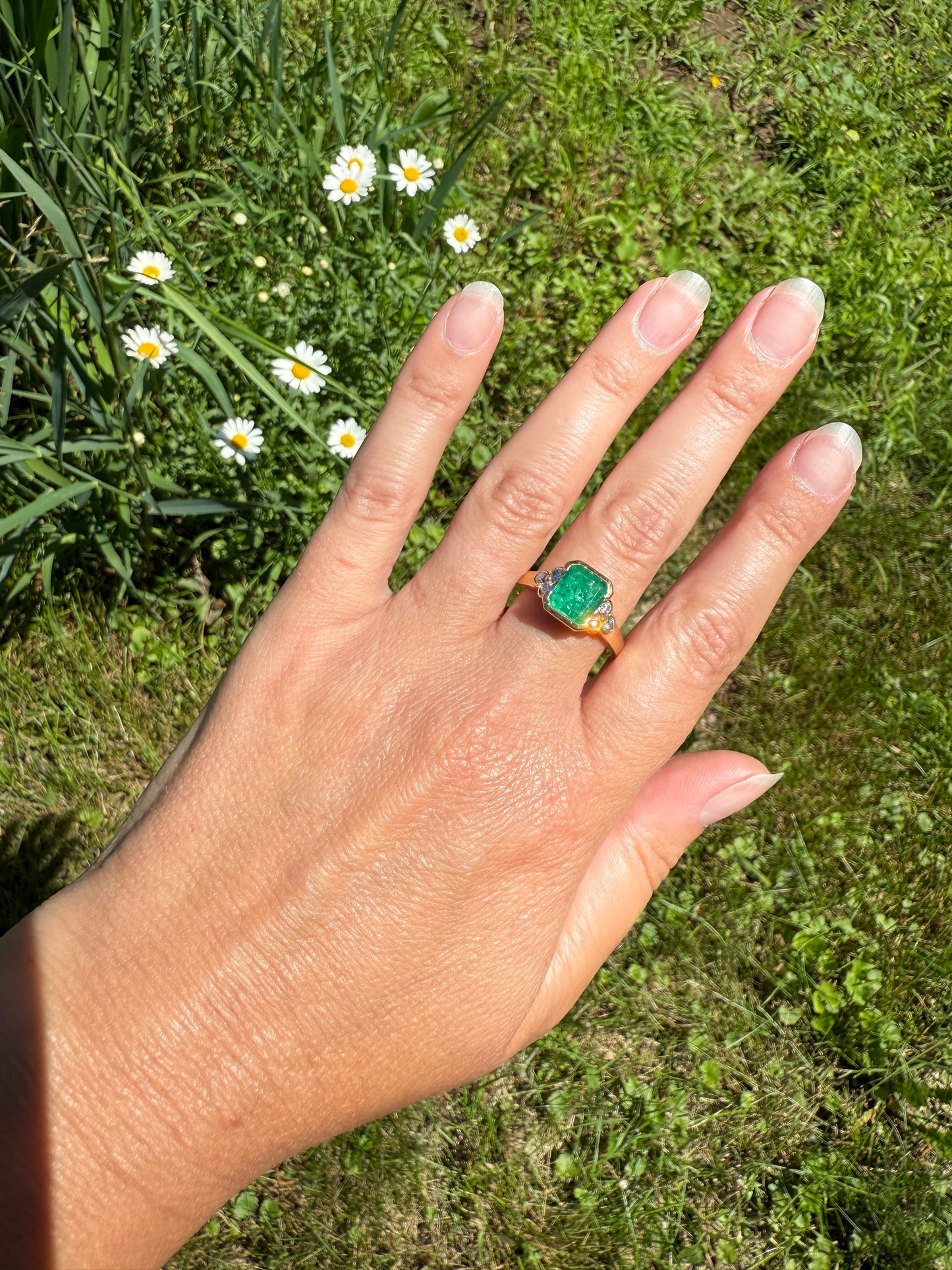 Vintage Rectangular Emerald Diamond Seven Stone Ring French 18k Gold Band Retro Stacker Green Sparkle Colorful Gift Tall Demi Bezel